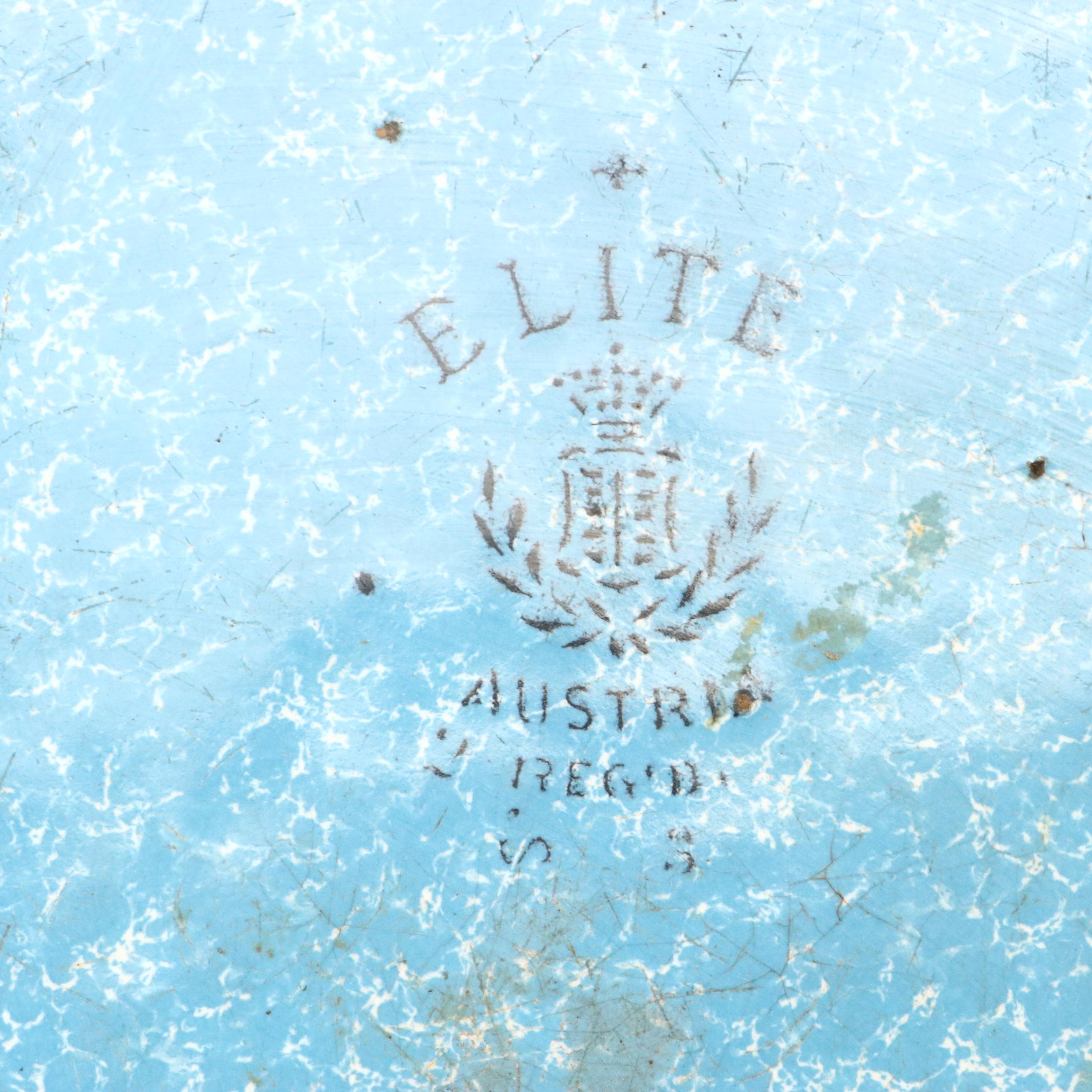 Blue Swirl and Other Graniteware with Glass Measuring Cup, Early to Mid-20th C.