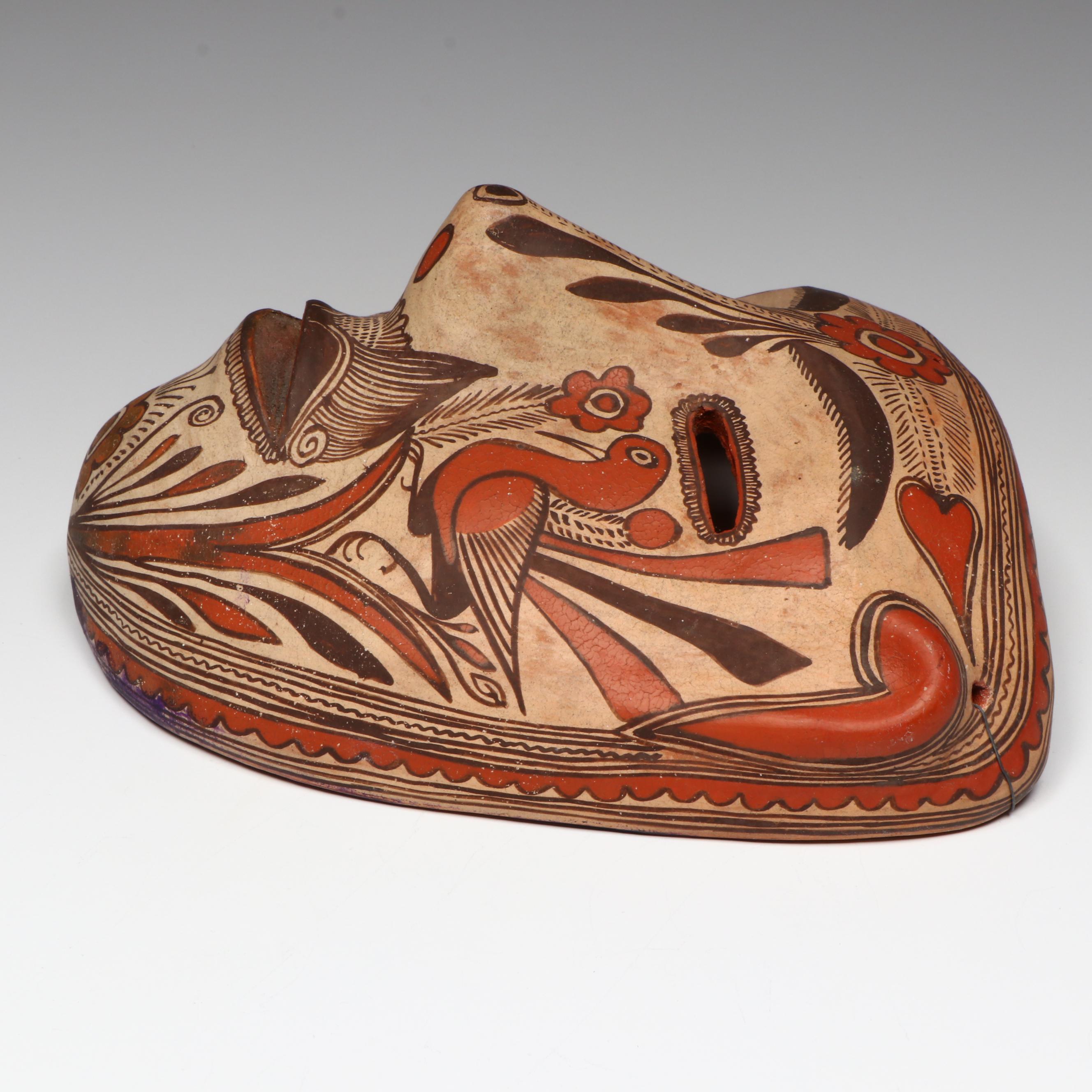 Vintage Mexican Polychrome Painted Pottery Mask