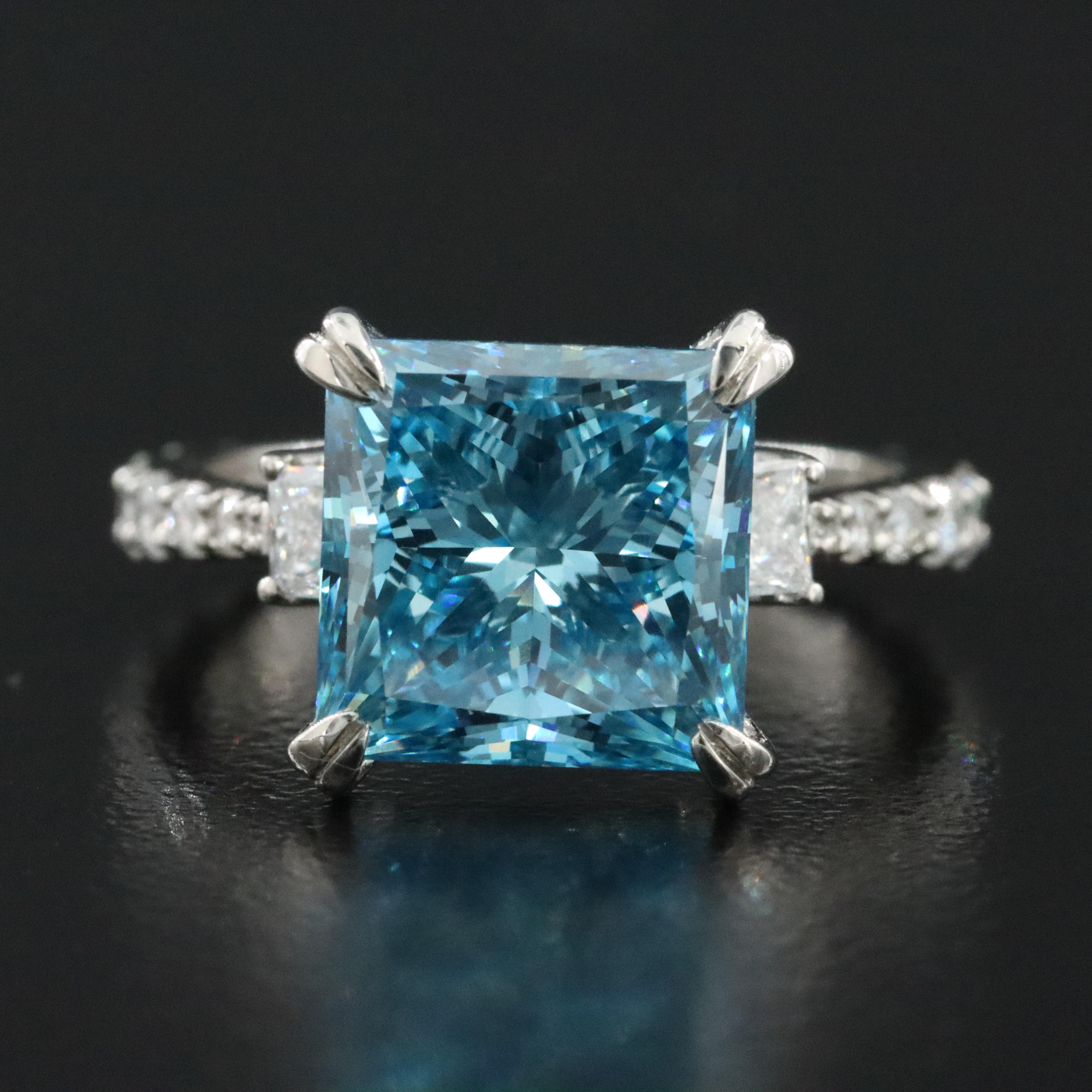 Platinum 6.03 CTW Lab Grow Diamond  Ring with Fancy Blue Center and IGI Report