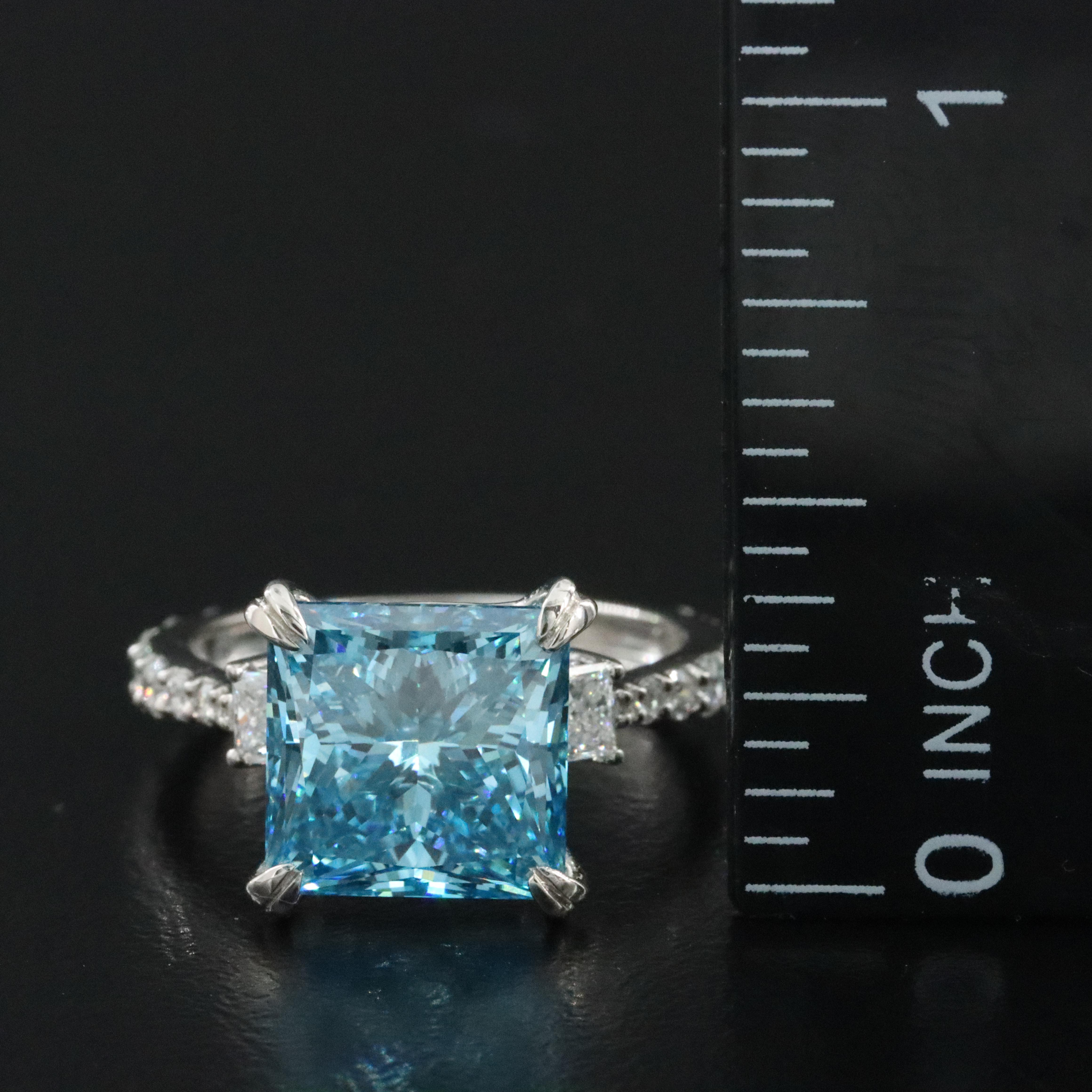 Platinum 6.03 CTW Lab Grow Diamond  Ring with Fancy Blue Center and IGI Report
