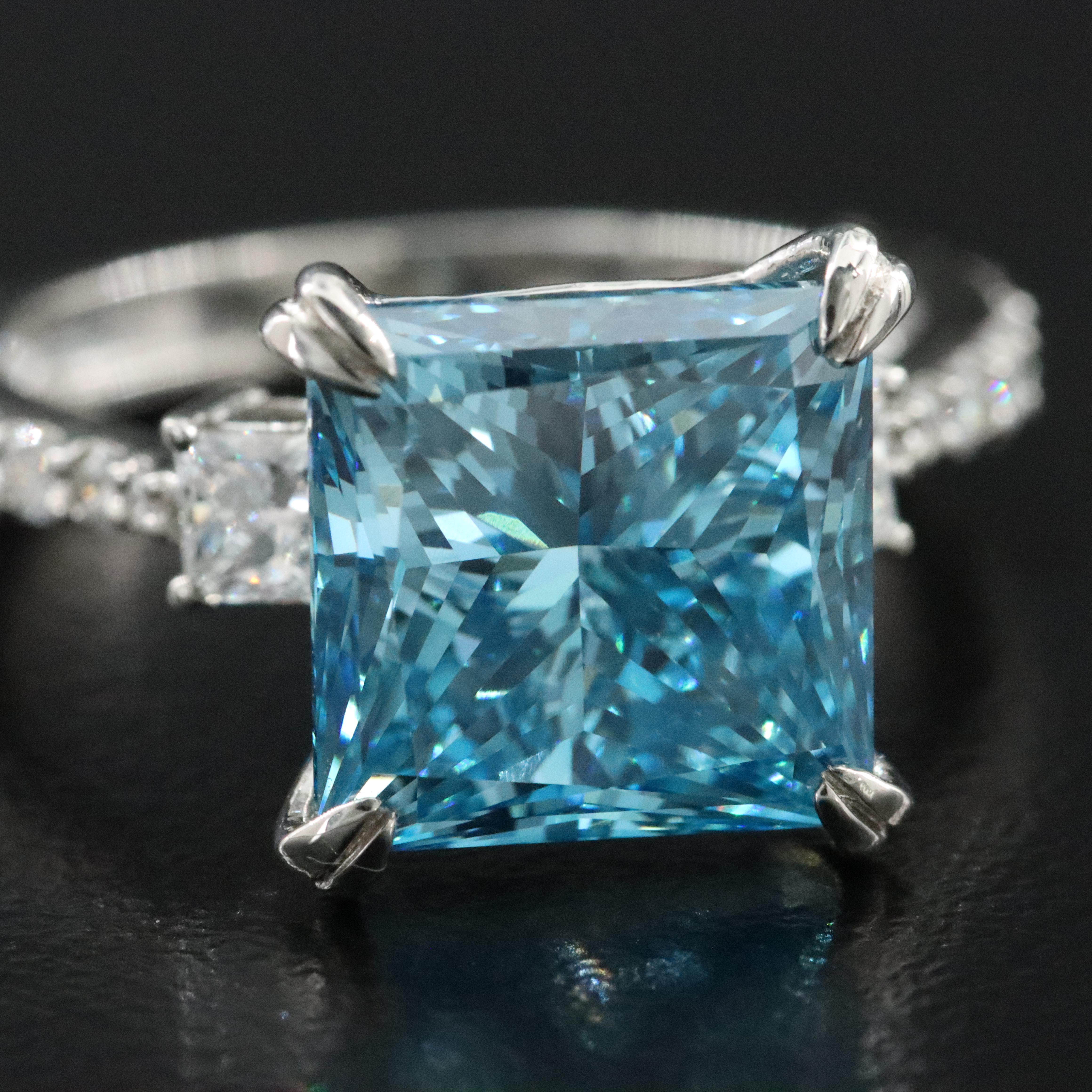 Platinum 6.03 CTW Lab Grow Diamond  Ring with Fancy Blue Center and IGI Report