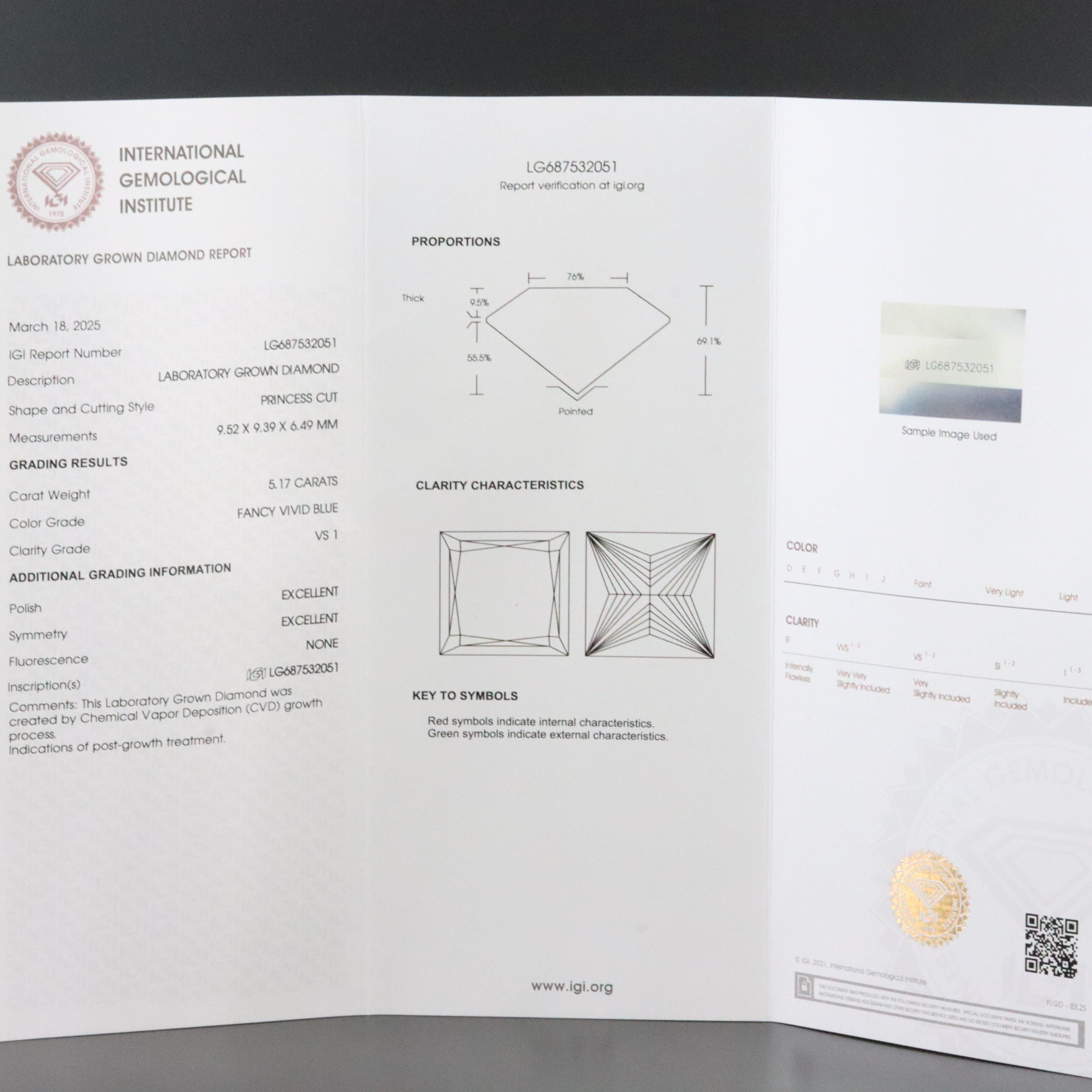 Platinum 6.03 CTW Lab Grow Diamond  Ring with Fancy Blue Center and IGI Report