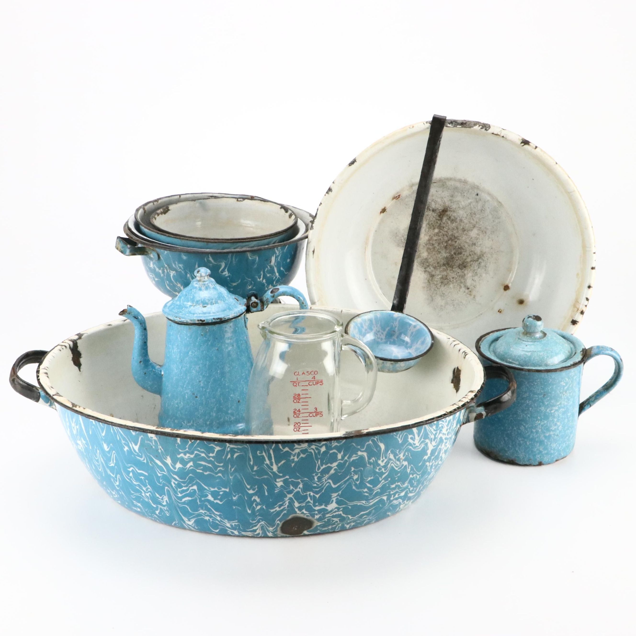 Blue Swirl and Other Graniteware with Glass Measuring Cup, Early to Mid-20th C.