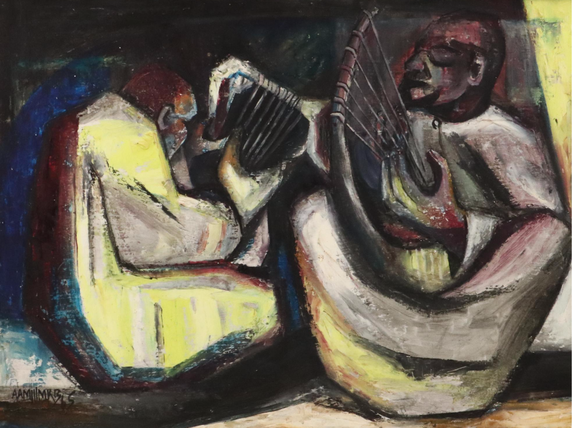 Cubist Inspired Oil Painting of Men Playing Harps, 1969