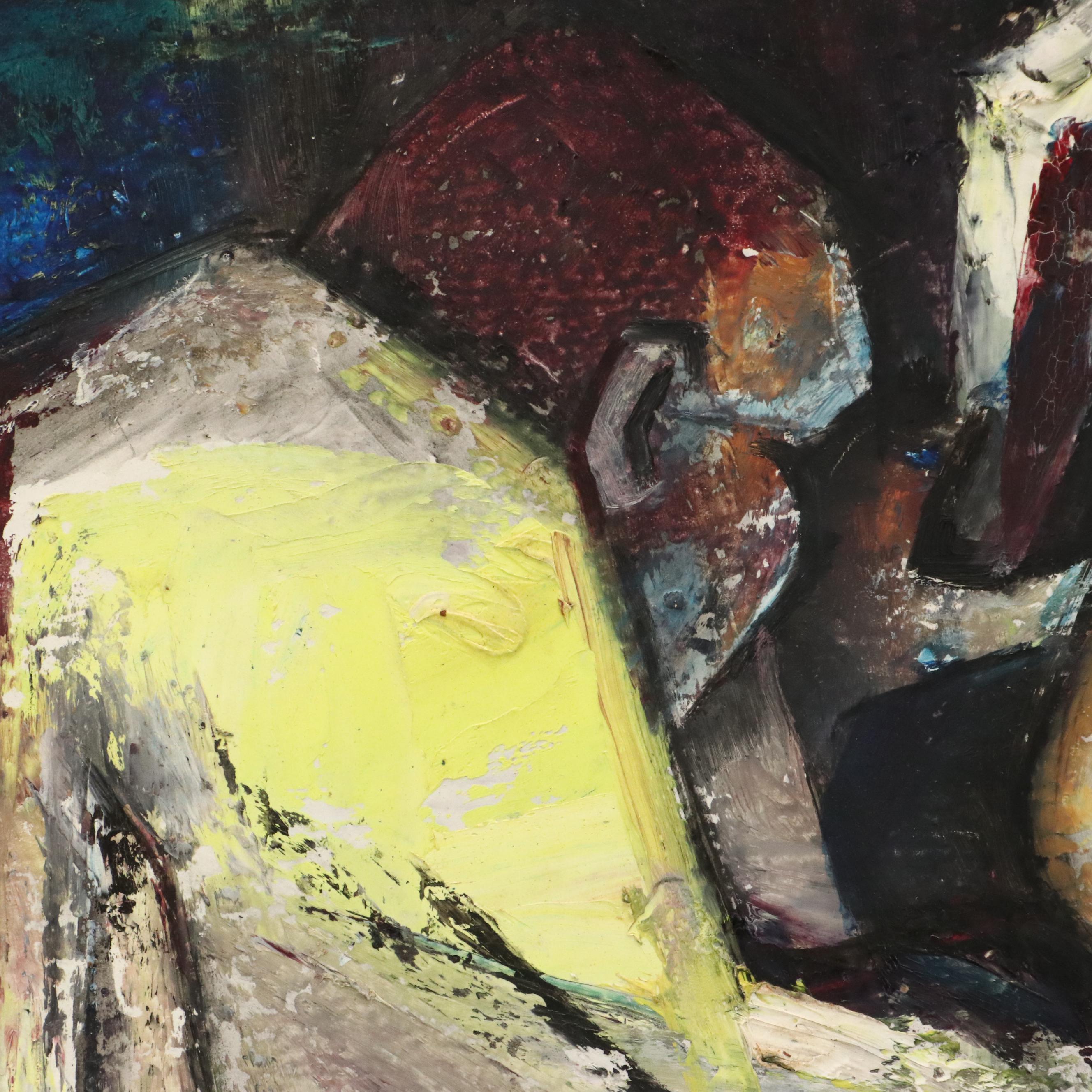 Cubist Inspired Oil Painting of Men Playing Harps, 1969