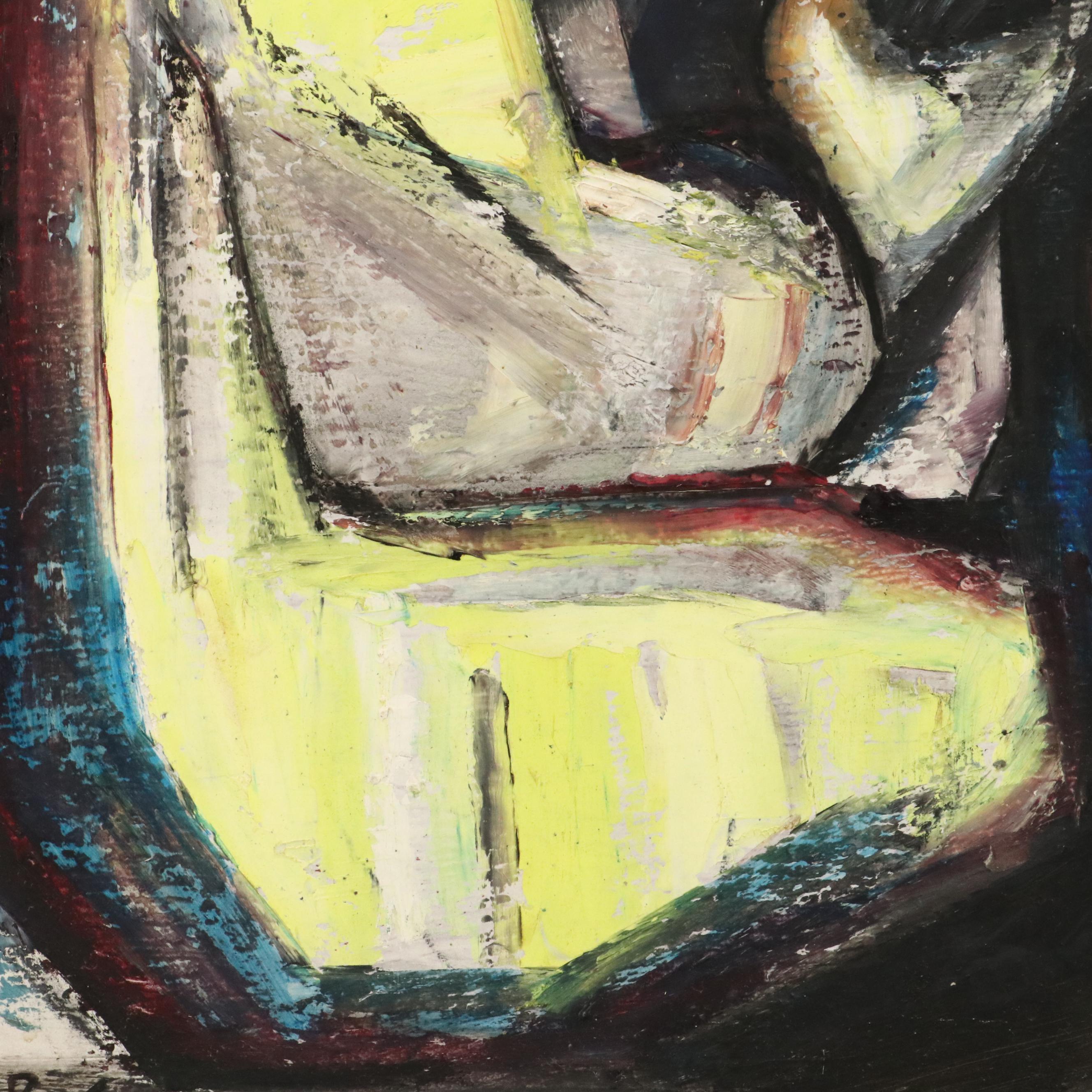 Cubist Inspired Oil Painting of Men Playing Harps, 1969