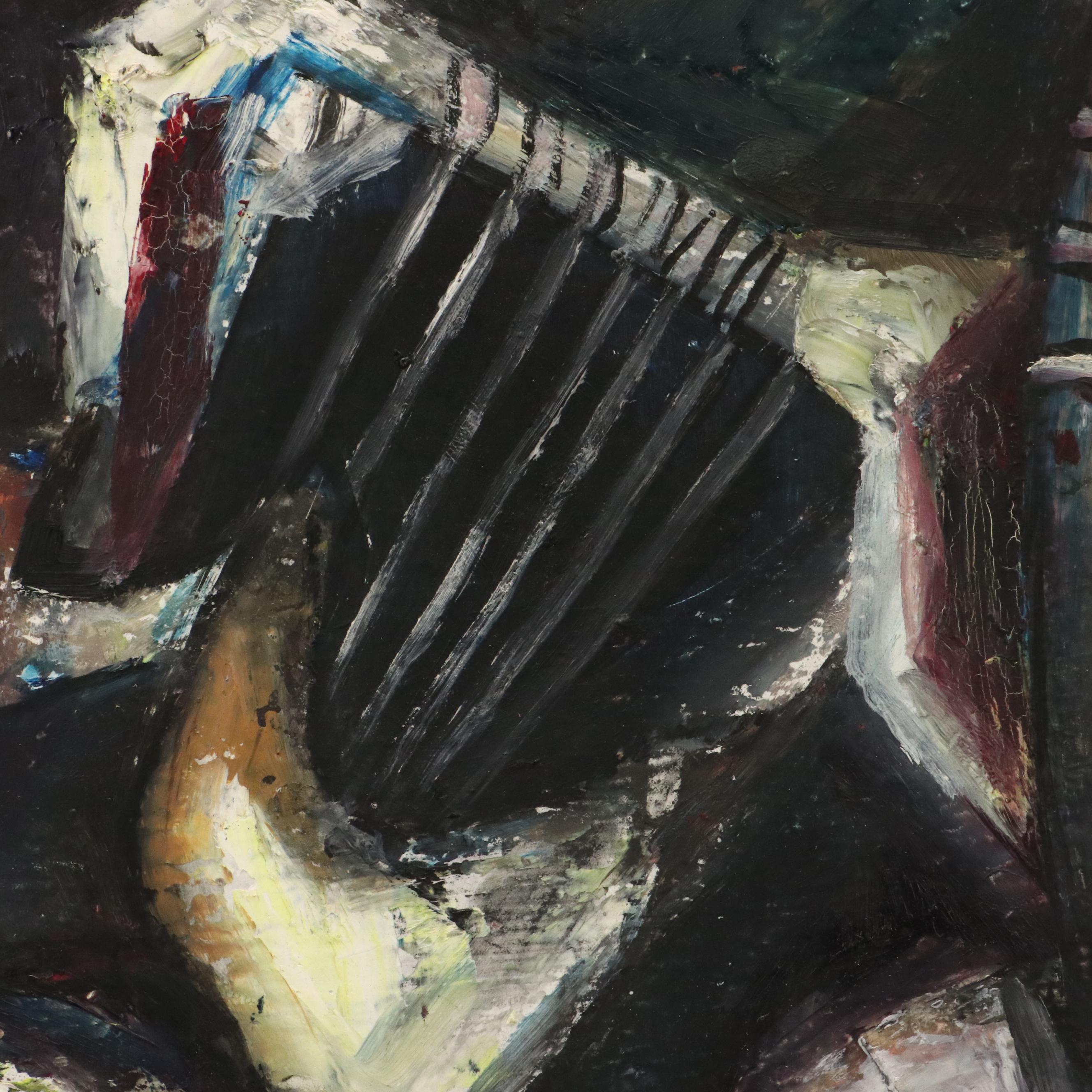 Cubist Inspired Oil Painting of Men Playing Harps, 1969