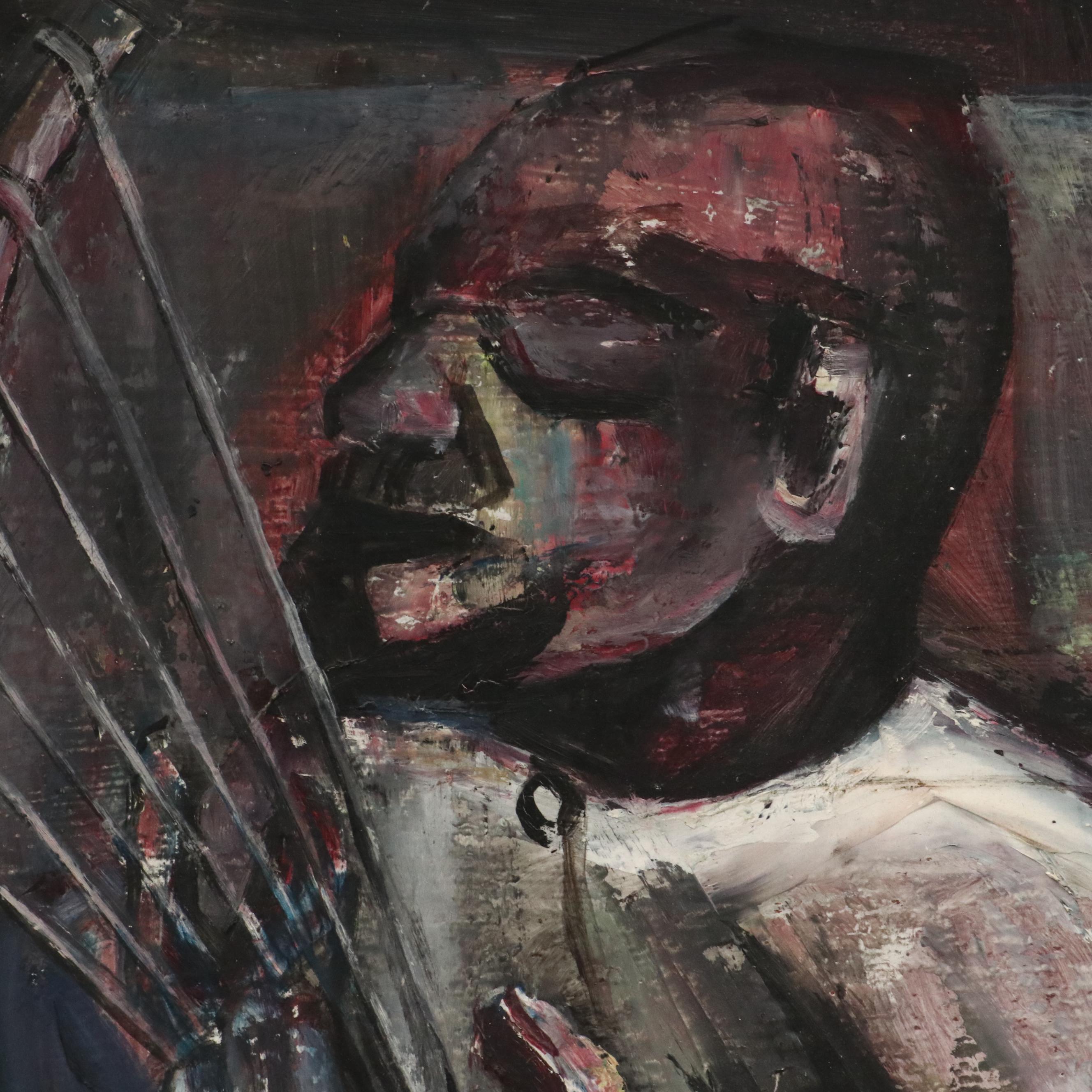 Cubist Inspired Oil Painting of Men Playing Harps, 1969