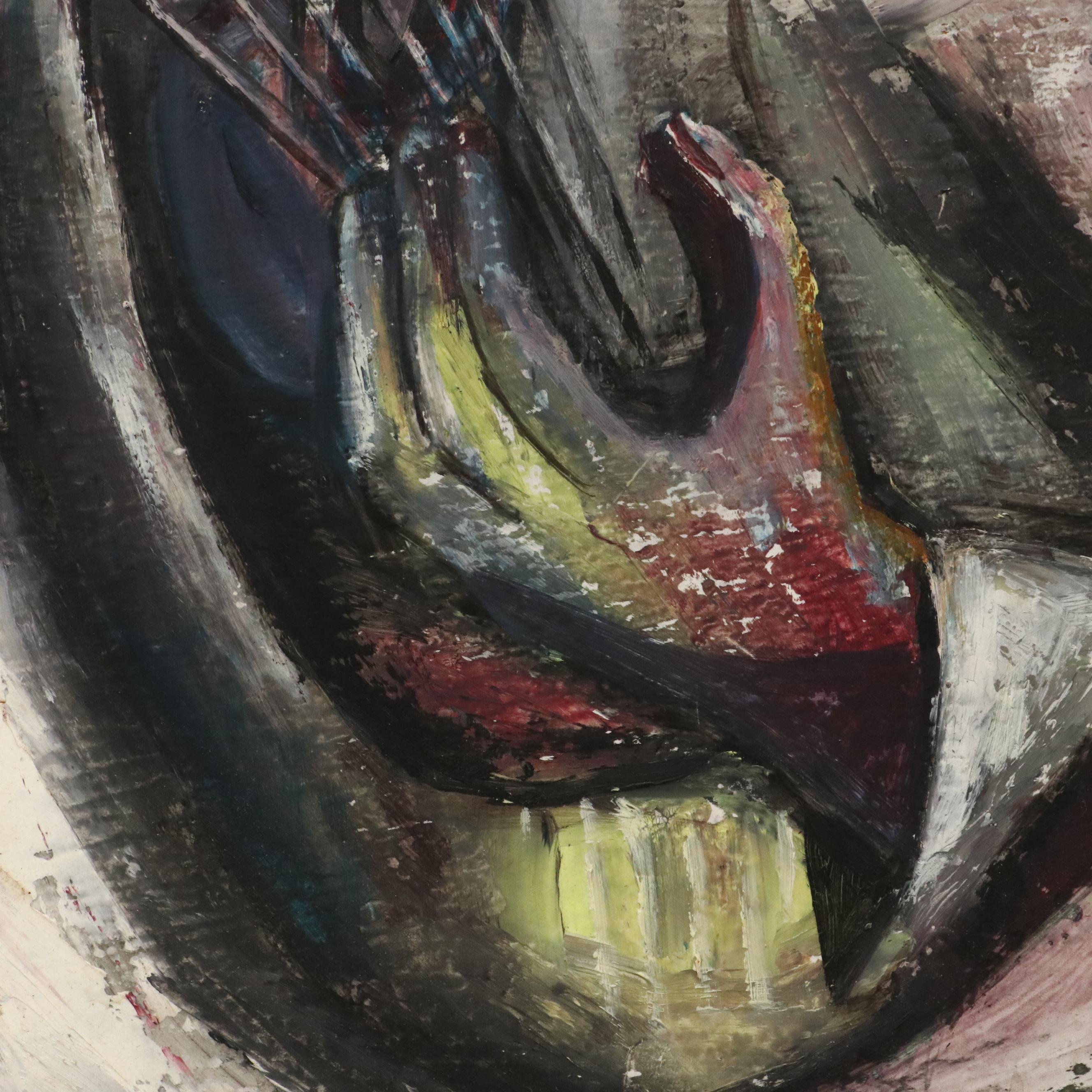 Cubist Inspired Oil Painting of Men Playing Harps, 1969