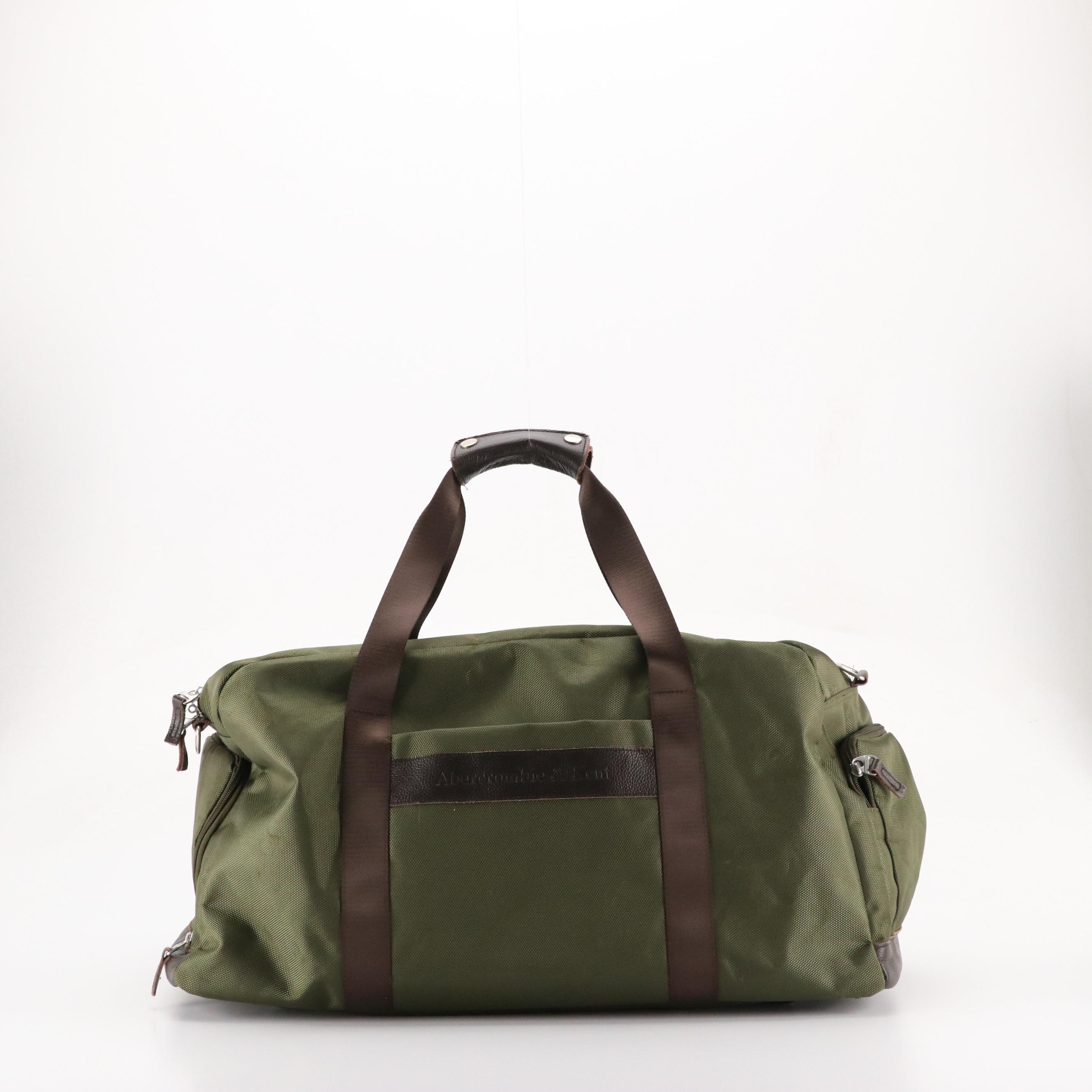 Abercrombie & Kent Travel Duffel Bags in Olive Green Nylon and Brown Leather