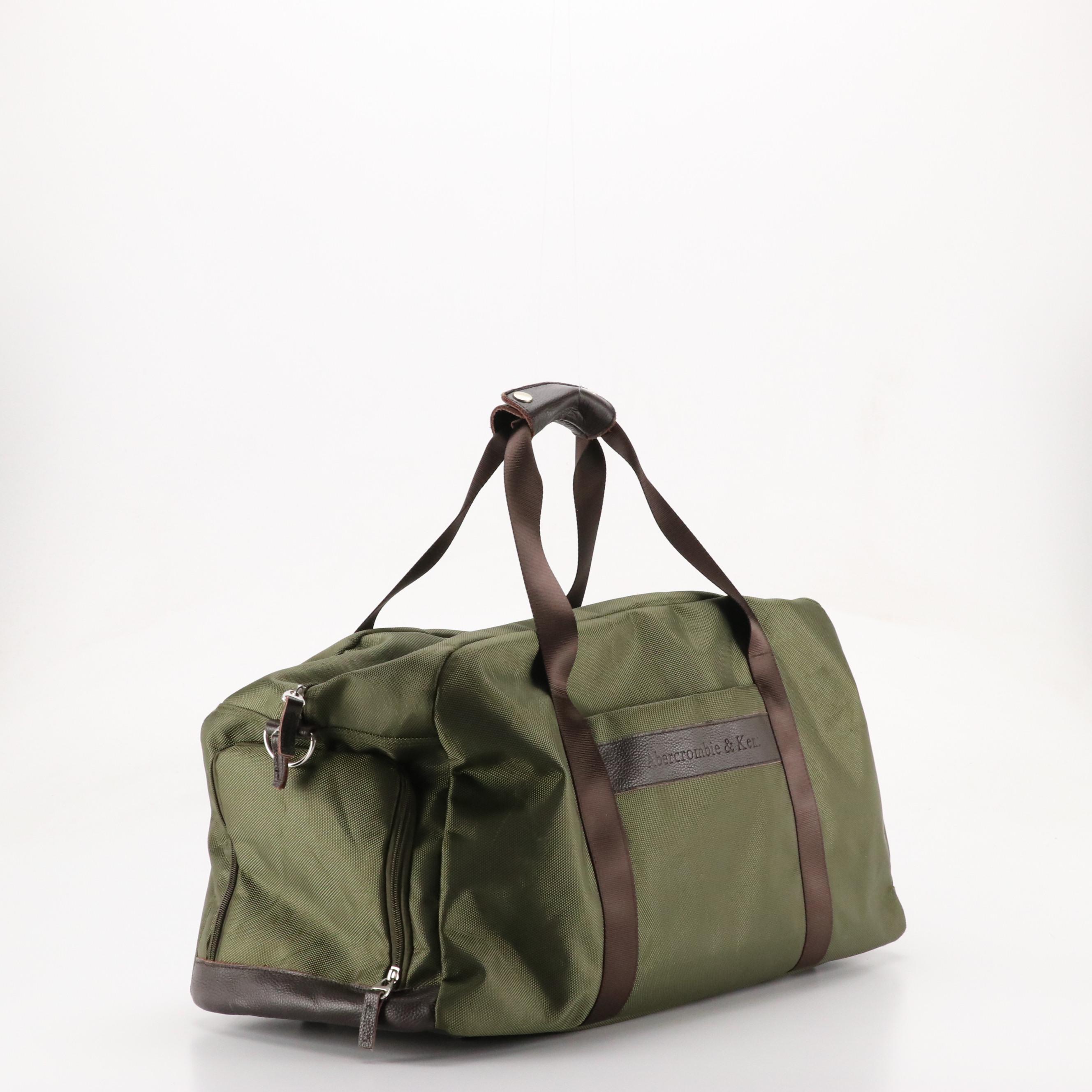 Abercrombie & Kent Travel Duffel Bags in Olive Green Nylon and Brown Leather