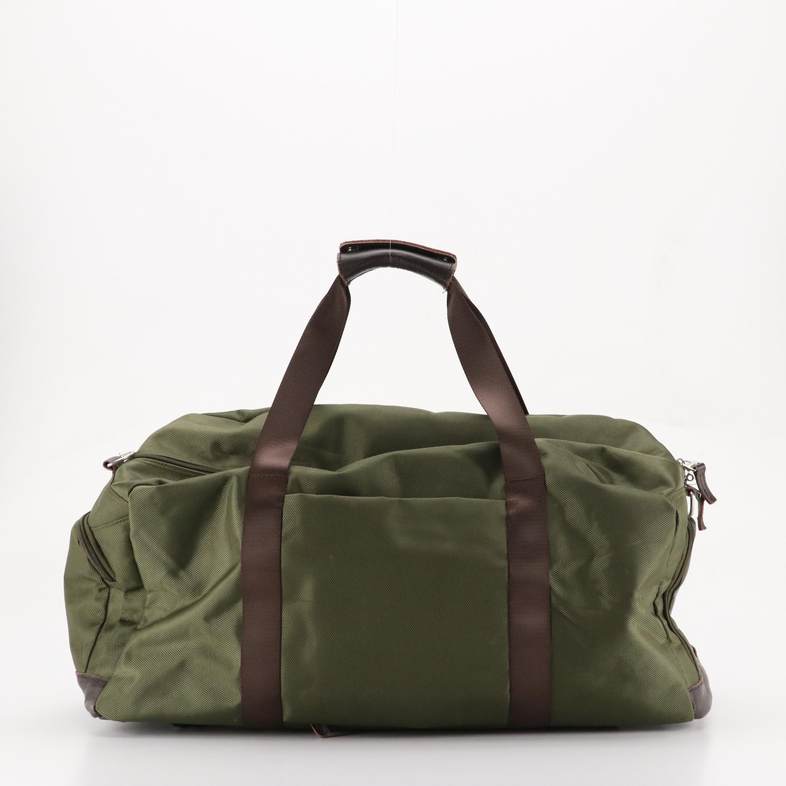 Abercrombie & Kent Travel Duffel Bags in Olive Green Nylon and Brown Leather