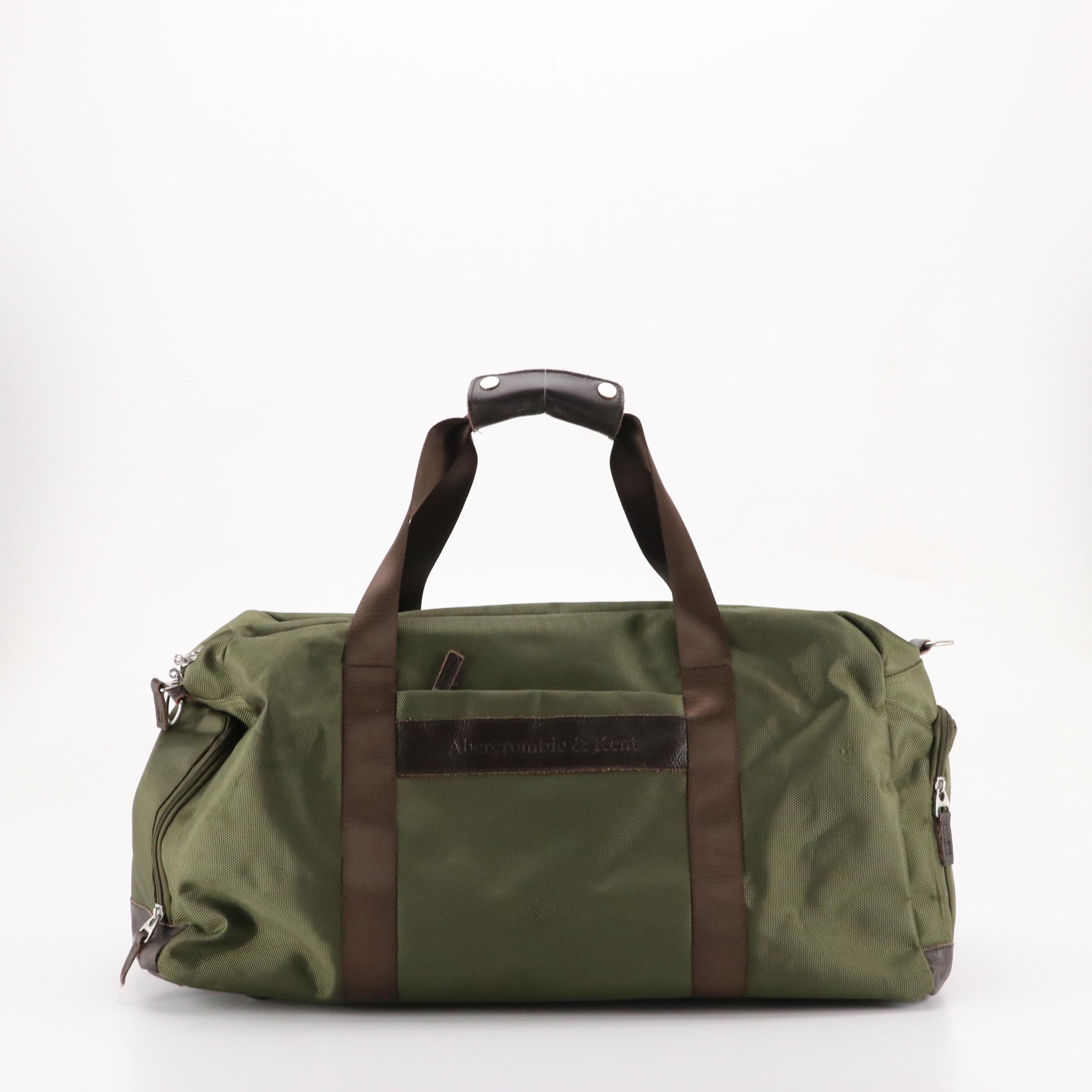 Abercrombie & Kent Travel Duffel Bags in Olive Green Nylon and Brown Leather