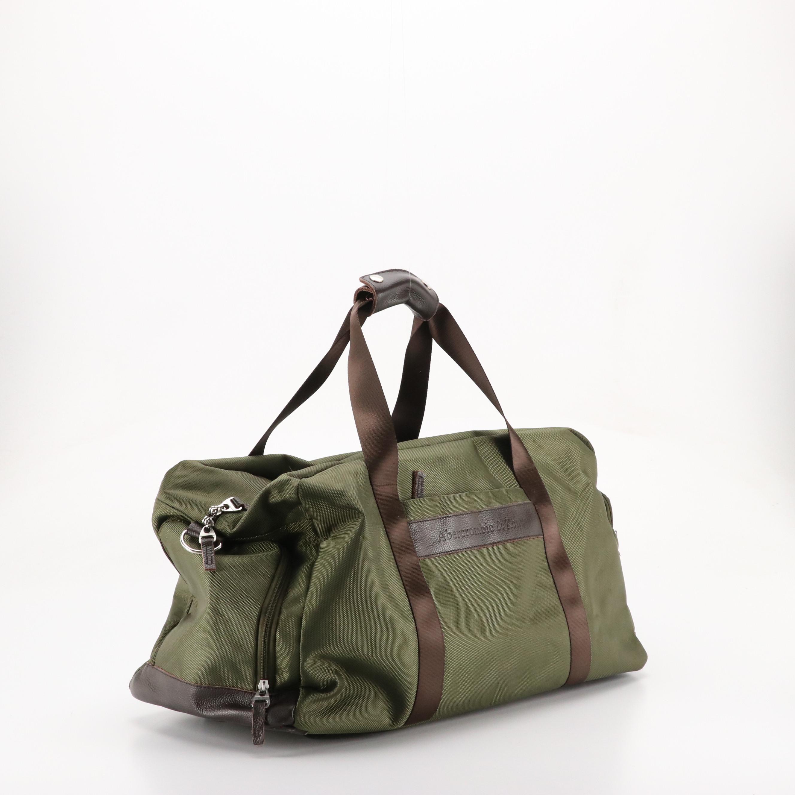 Abercrombie & Kent Travel Duffel Bags in Olive Green Nylon and Brown Leather