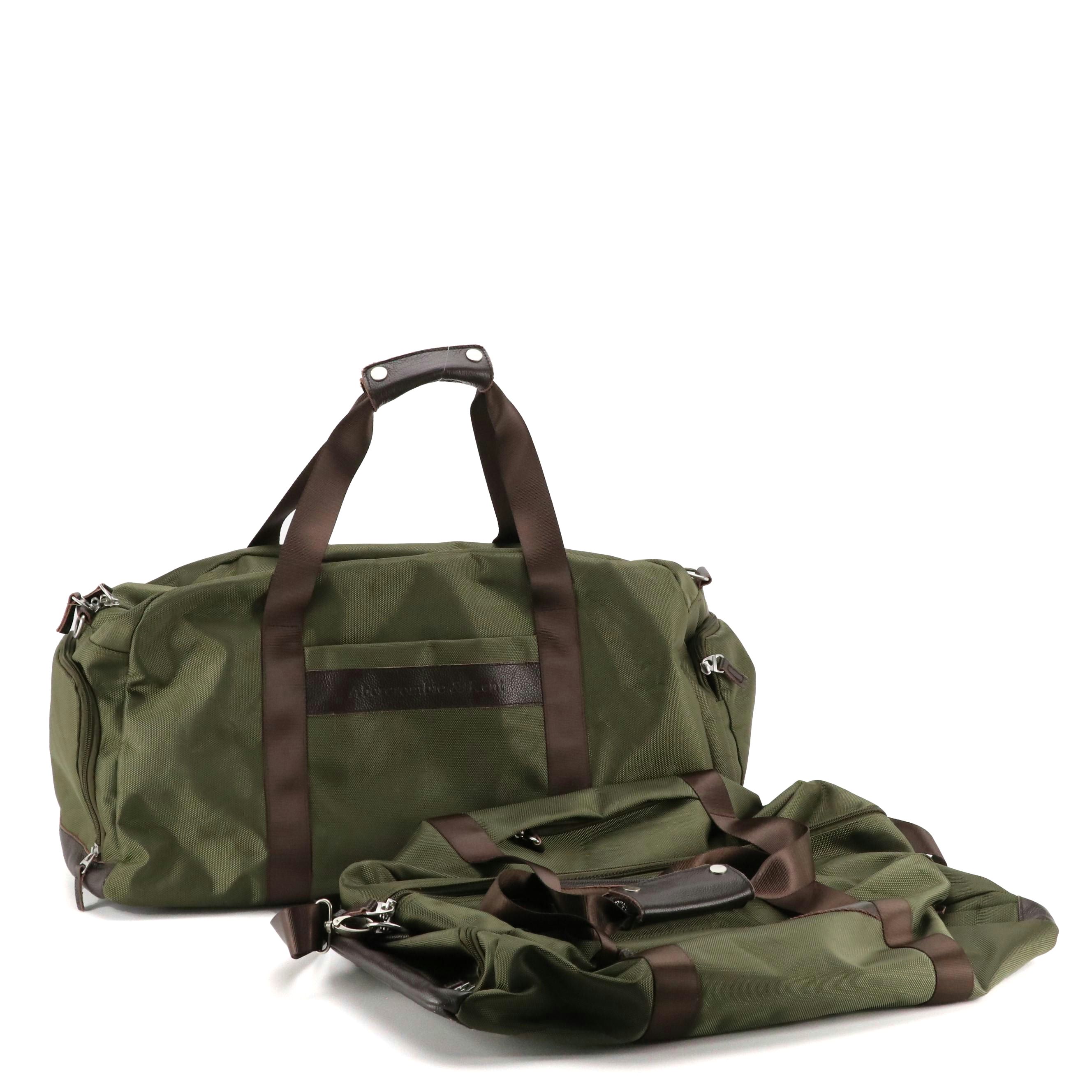 Abercrombie & Kent Travel Duffel Bags in Olive Green Nylon and Brown Leather