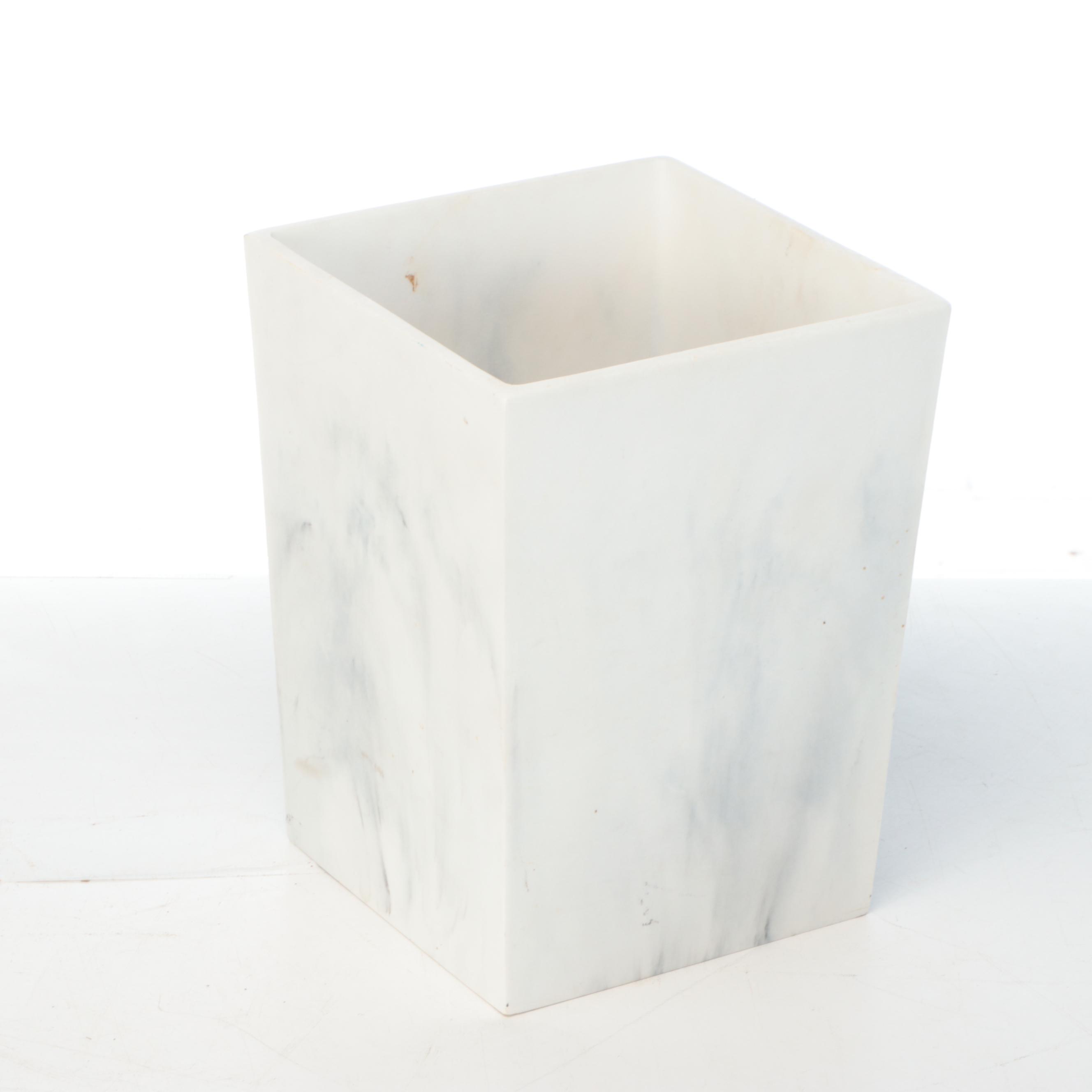 Wooden Tray, Woven and Wooden Baskets, and Faux Marble Trash Can