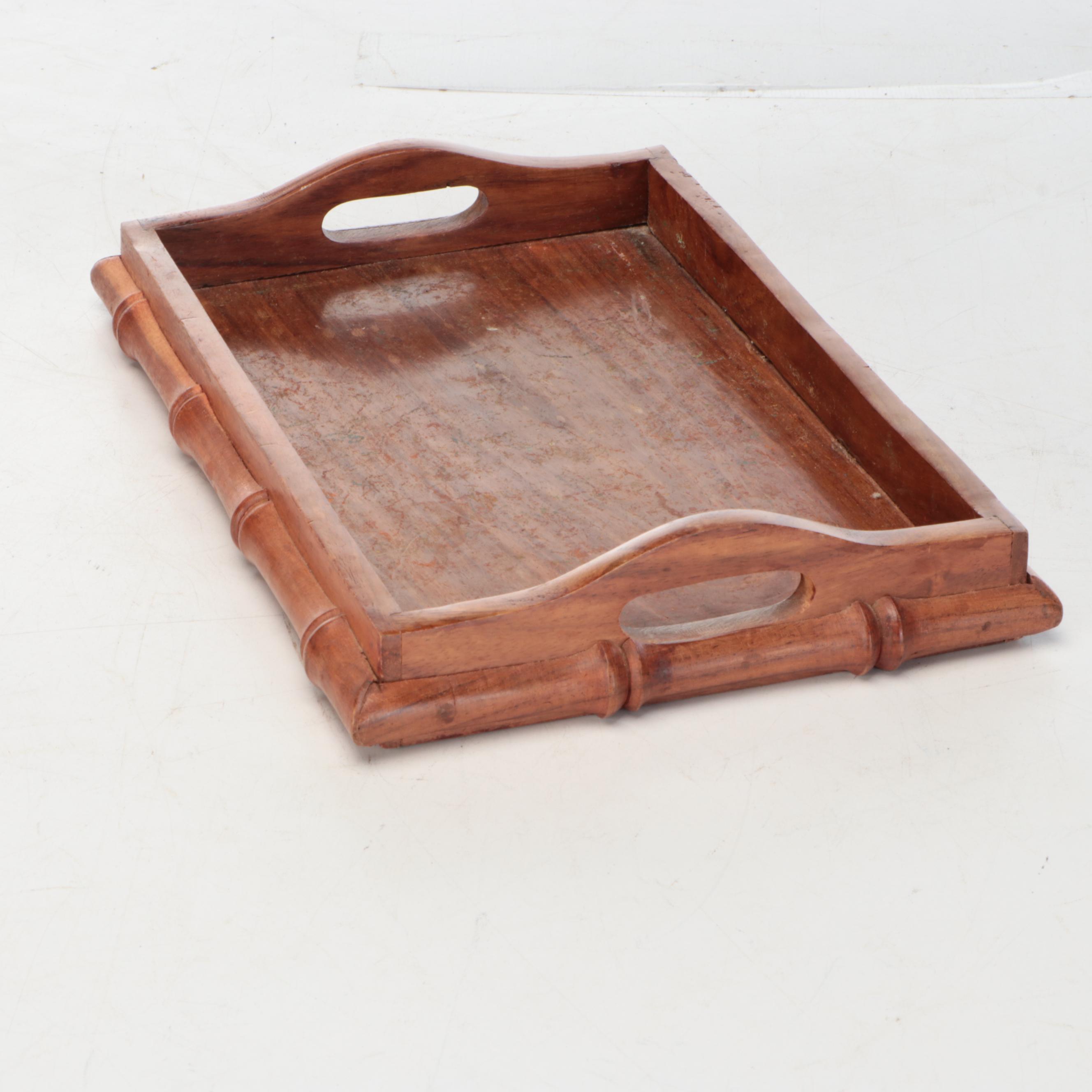 Wooden Tray, Woven and Wooden Baskets, and Faux Marble Trash Can