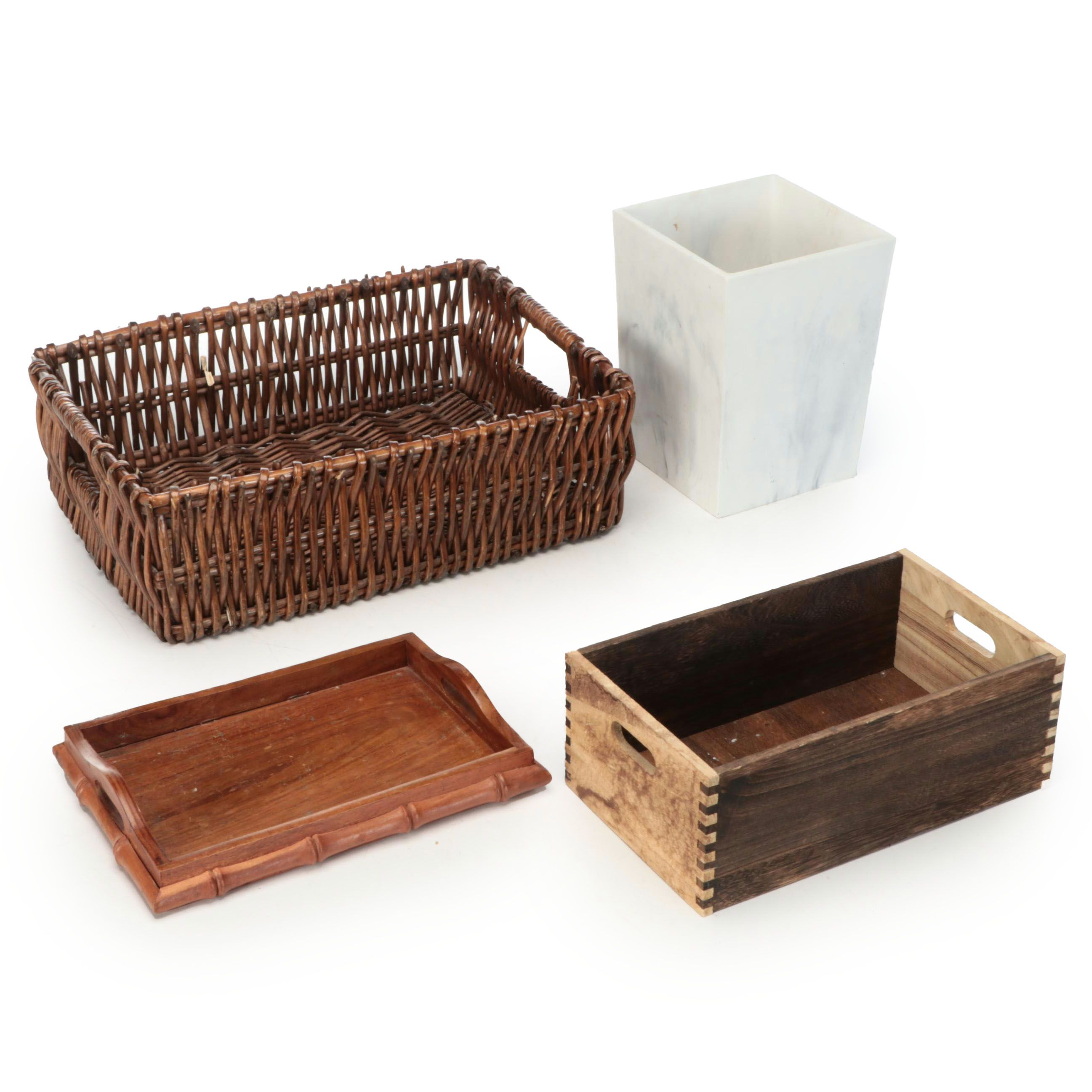 Wooden Tray, Woven and Wooden Baskets, and Faux Marble Trash Can