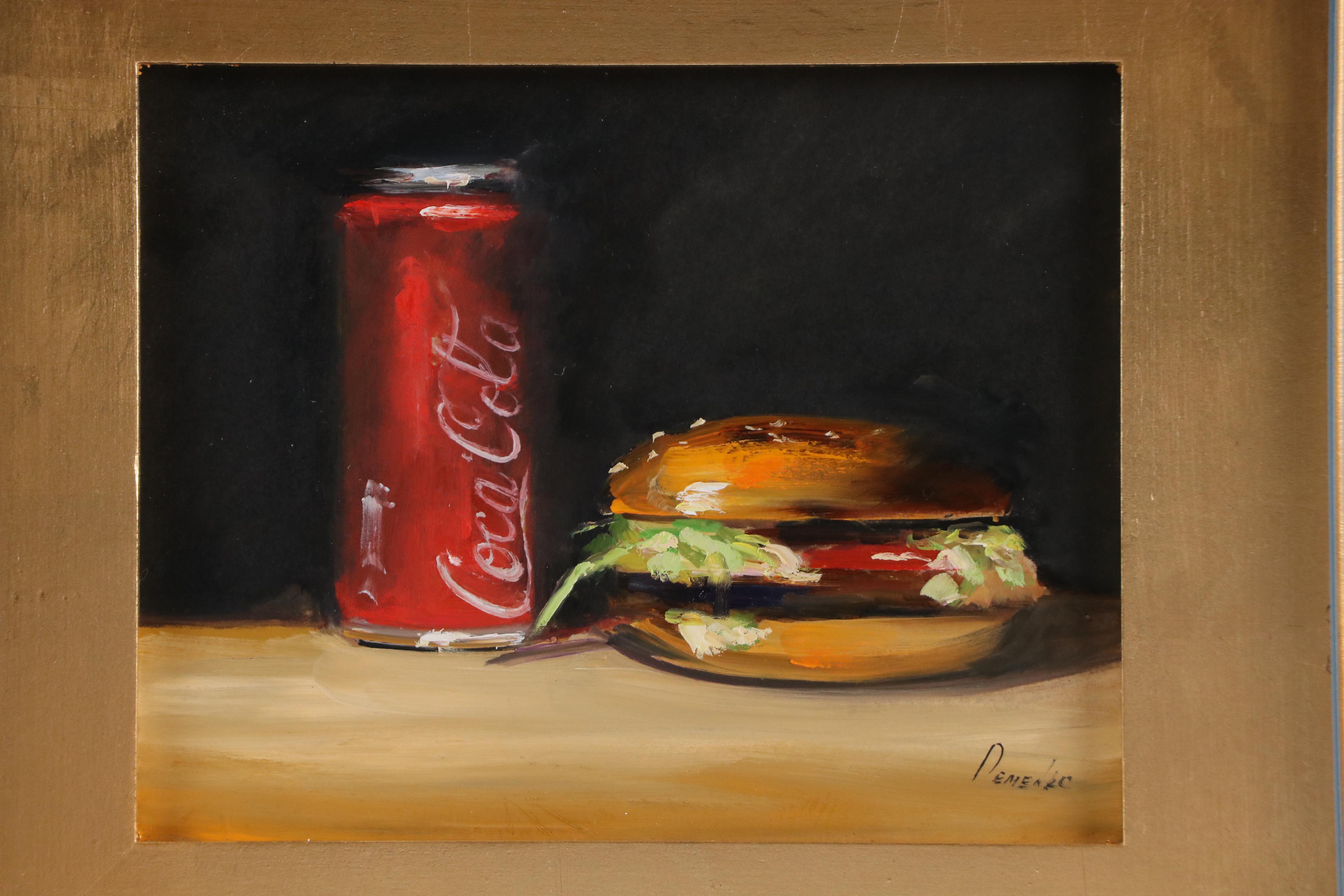 Natalia Demenko Still Life Oil Painting of Coca-Cola Can and Burger, 21st C