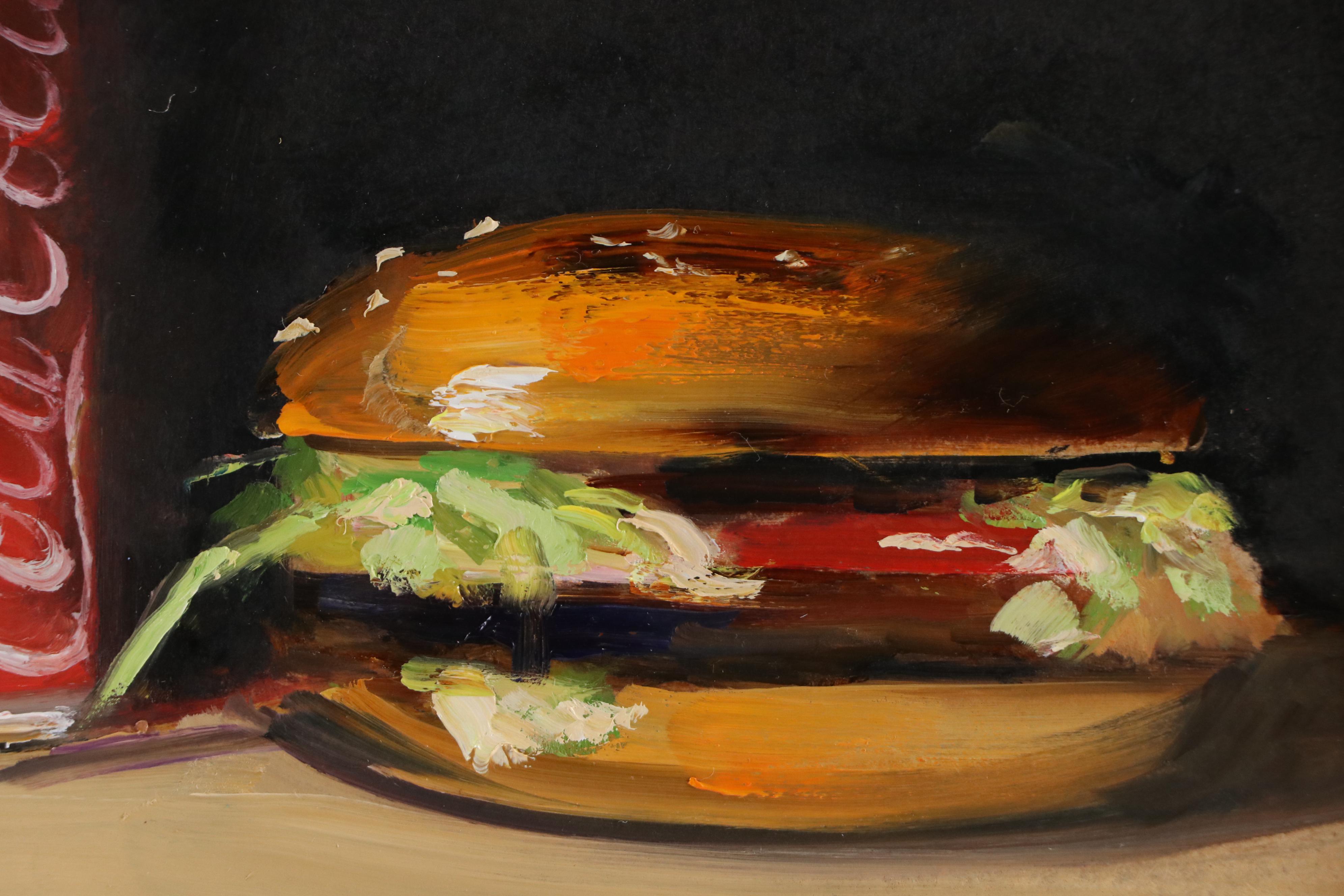 Natalia Demenko Still Life Oil Painting of Coca-Cola Can and Burger, 21st C