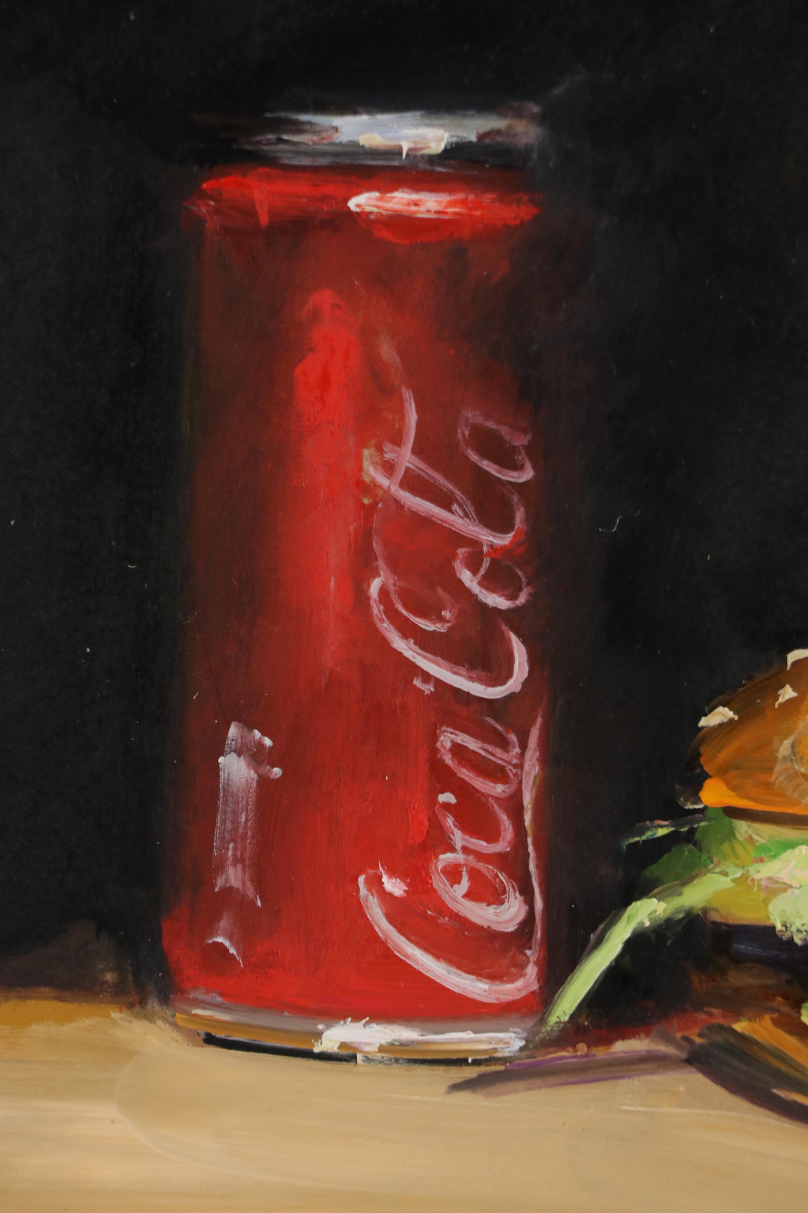 Natalia Demenko Still Life Oil Painting of Coca-Cola Can and Burger, 21st C