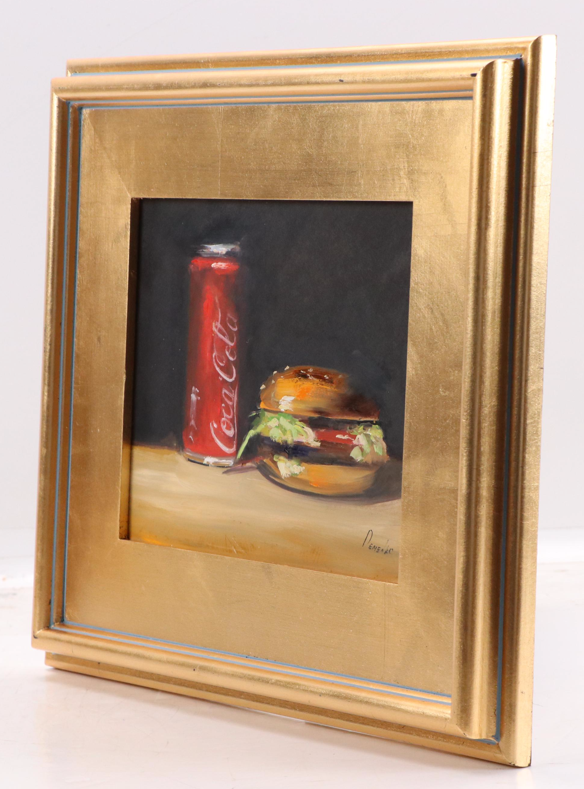 Natalia Demenko Still Life Oil Painting of Coca-Cola Can and Burger, 21st C