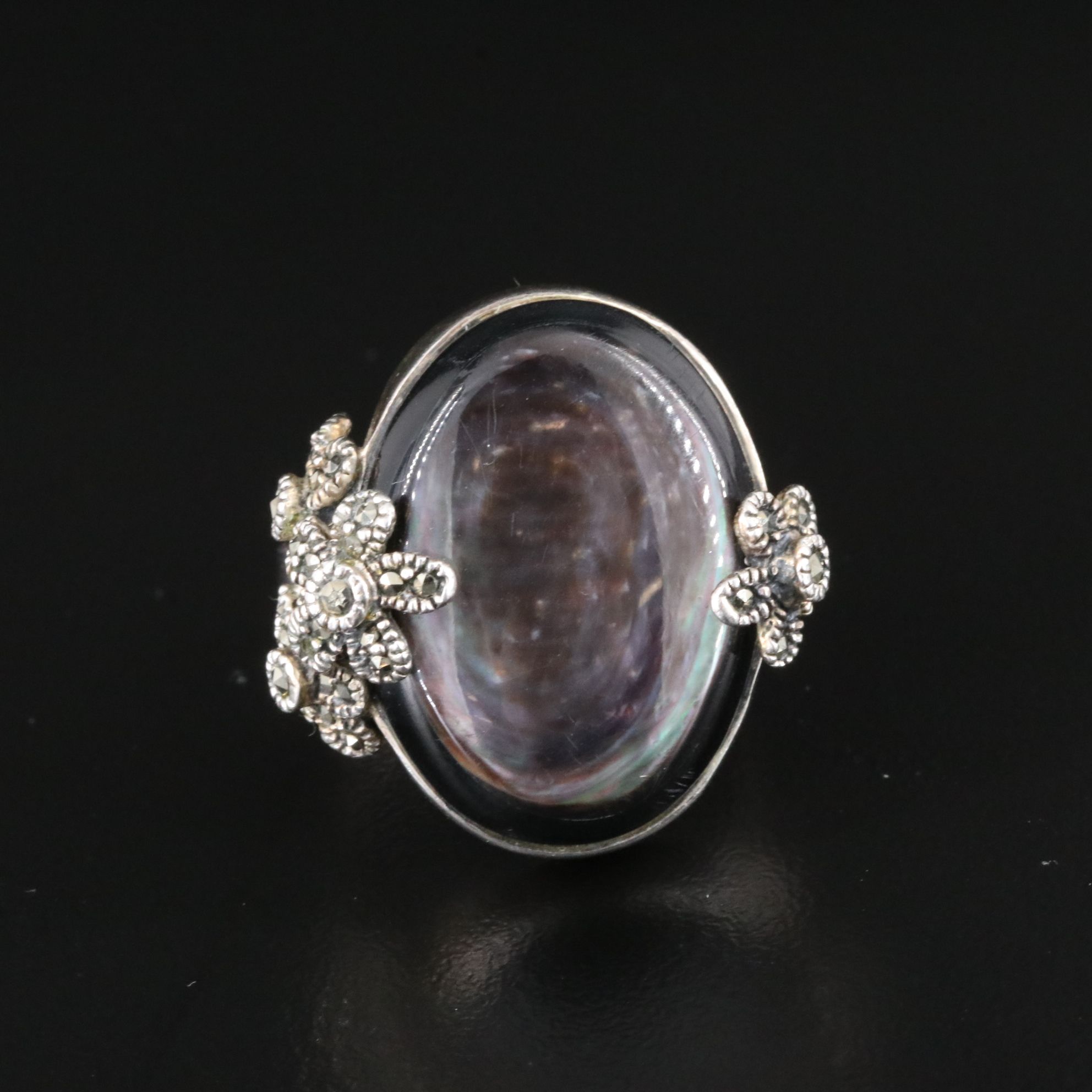 Sterling Mother-of-Pearl and Marcasite Floral Accented Ring