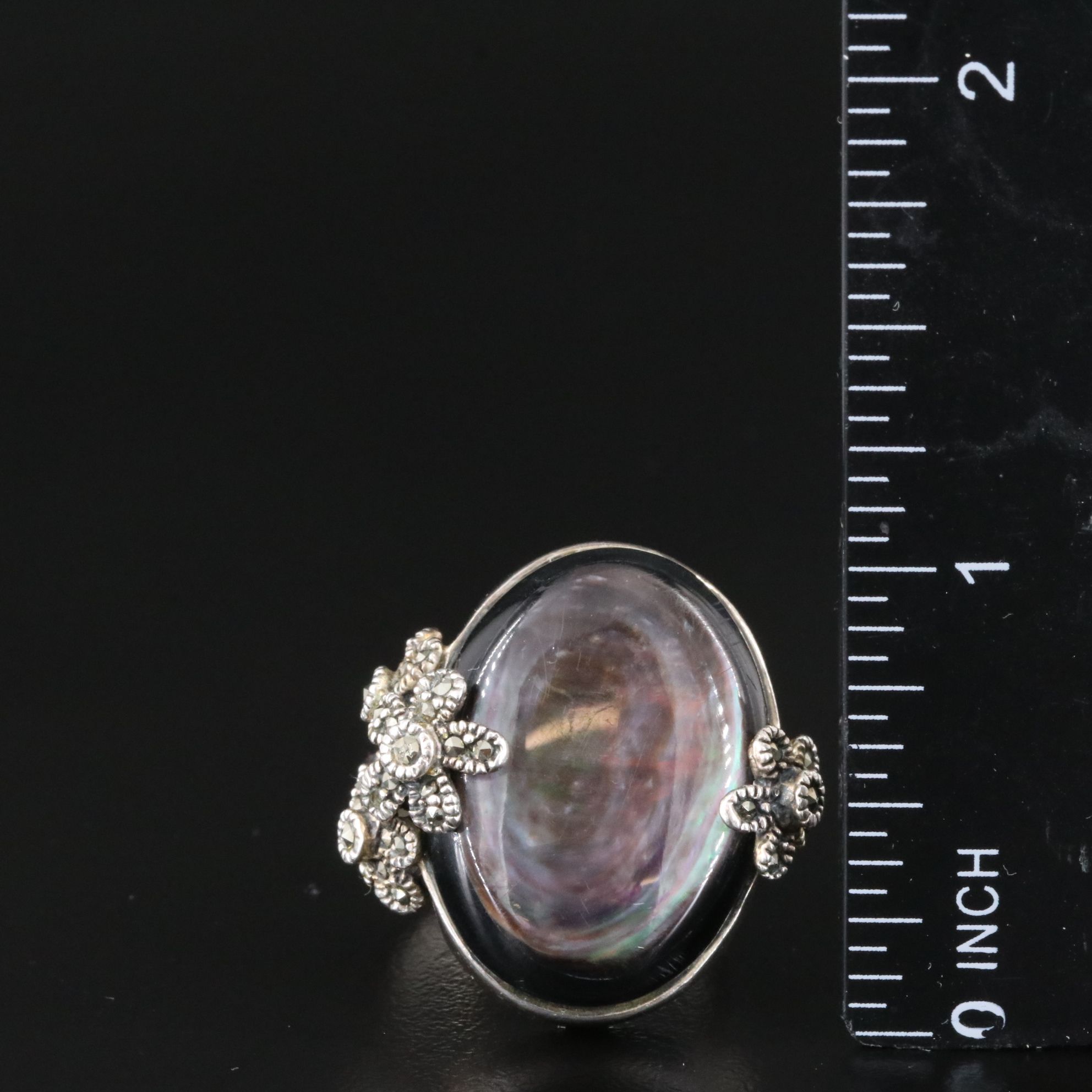 Sterling Mother-of-Pearl and Marcasite Floral Accented Ring