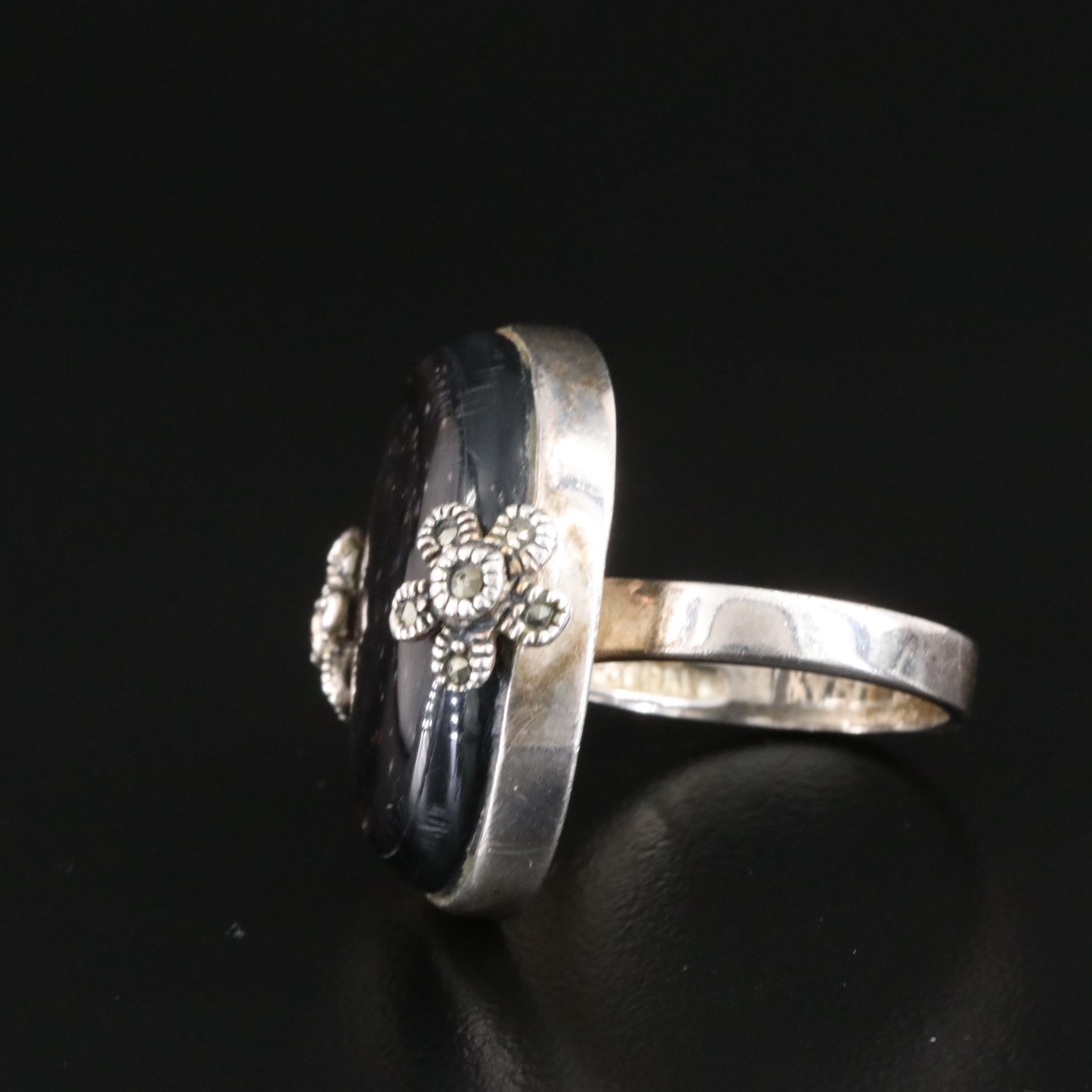 Sterling Mother-of-Pearl and Marcasite Floral Accented Ring