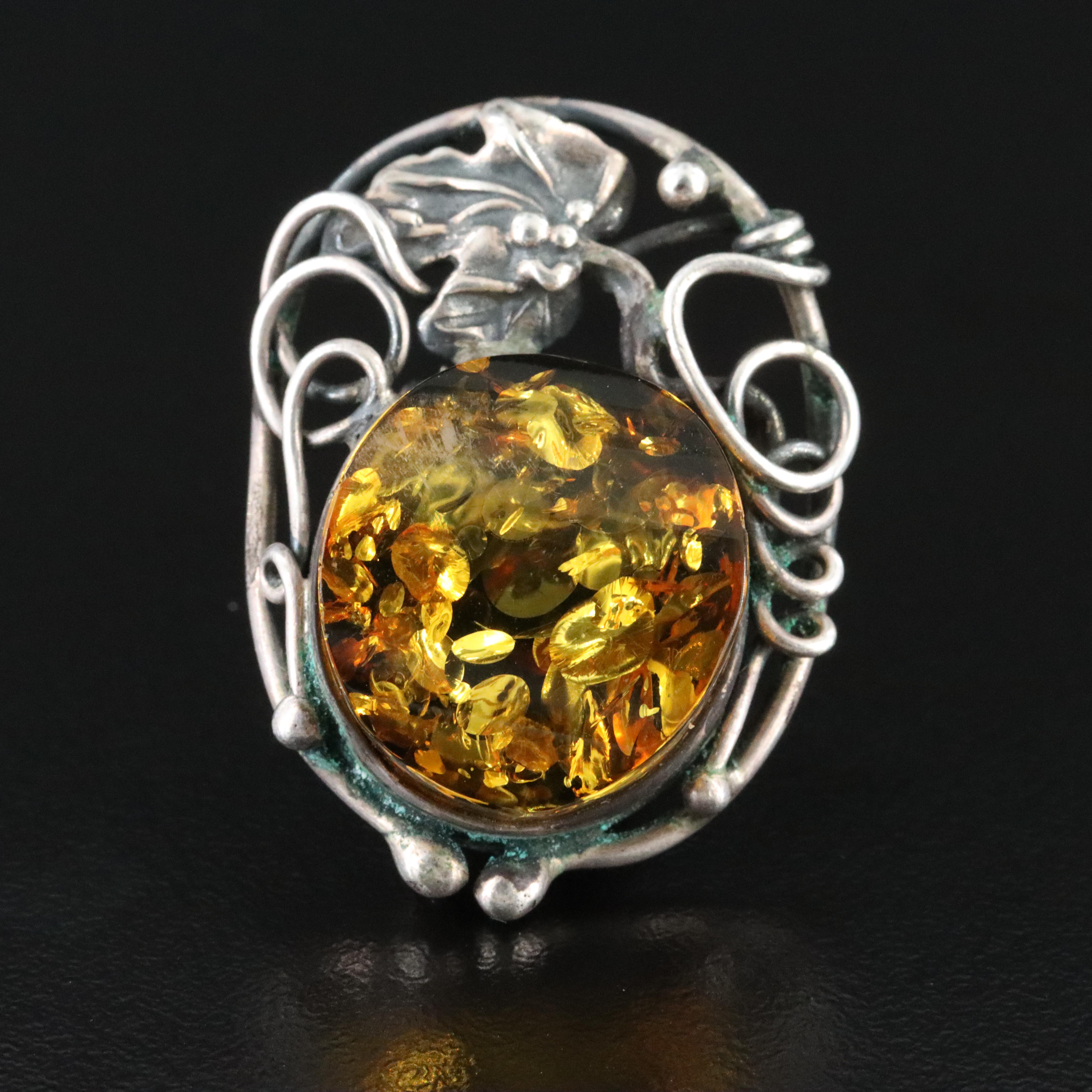 900 Silver Amber Brooch