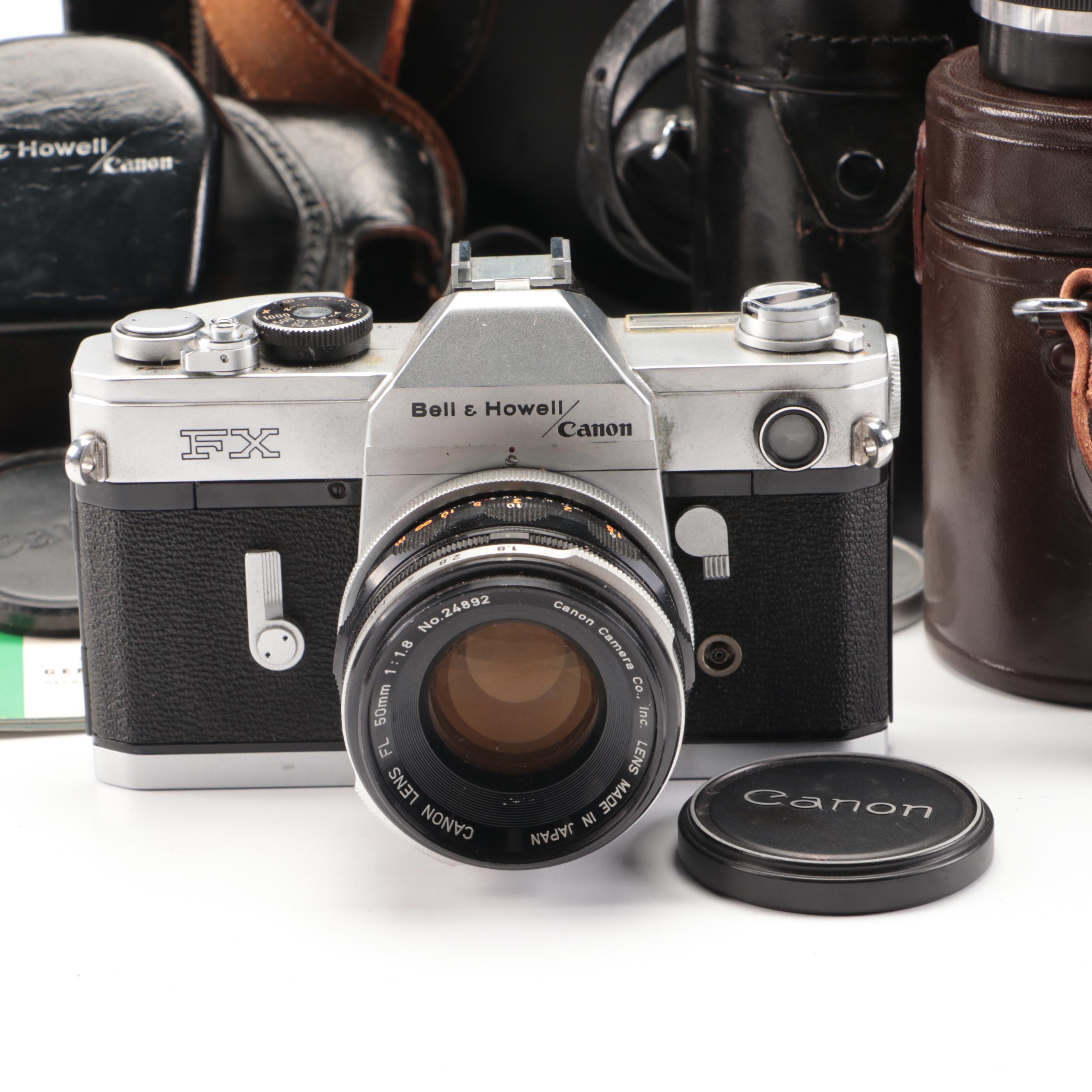 Bell & Howell / Canon FX 35mm Camera with Collection of Lenses, Leather Cases