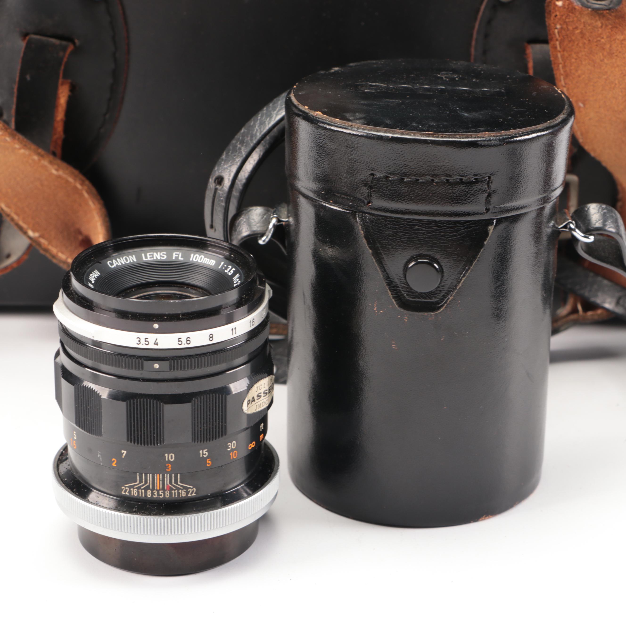 Bell & Howell / Canon FX 35mm Camera with Collection of Lenses, Leather Cases