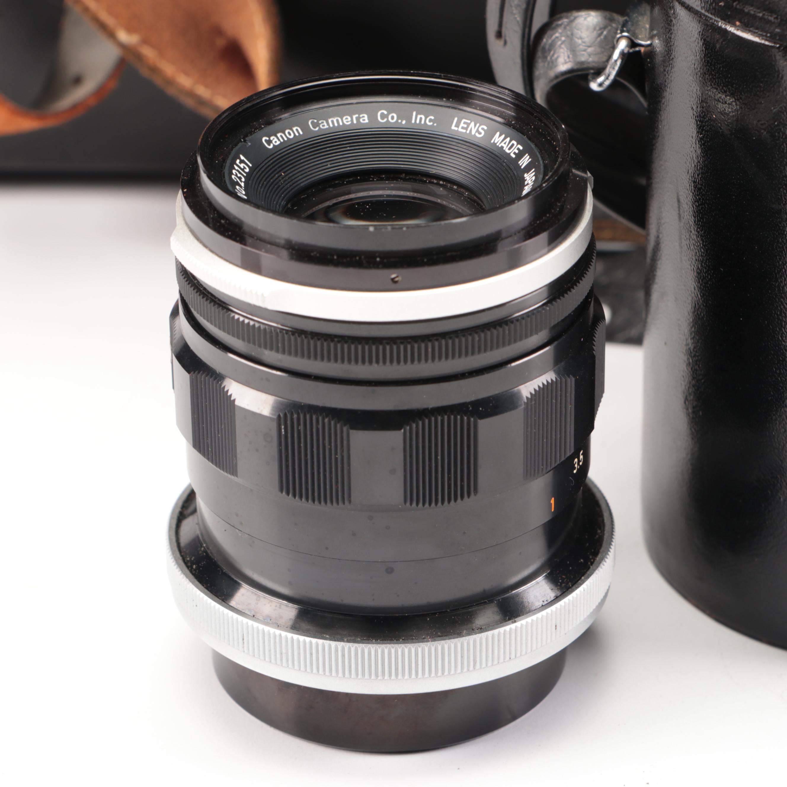 Bell & Howell / Canon FX 35mm Camera with Collection of Lenses, Leather Cases