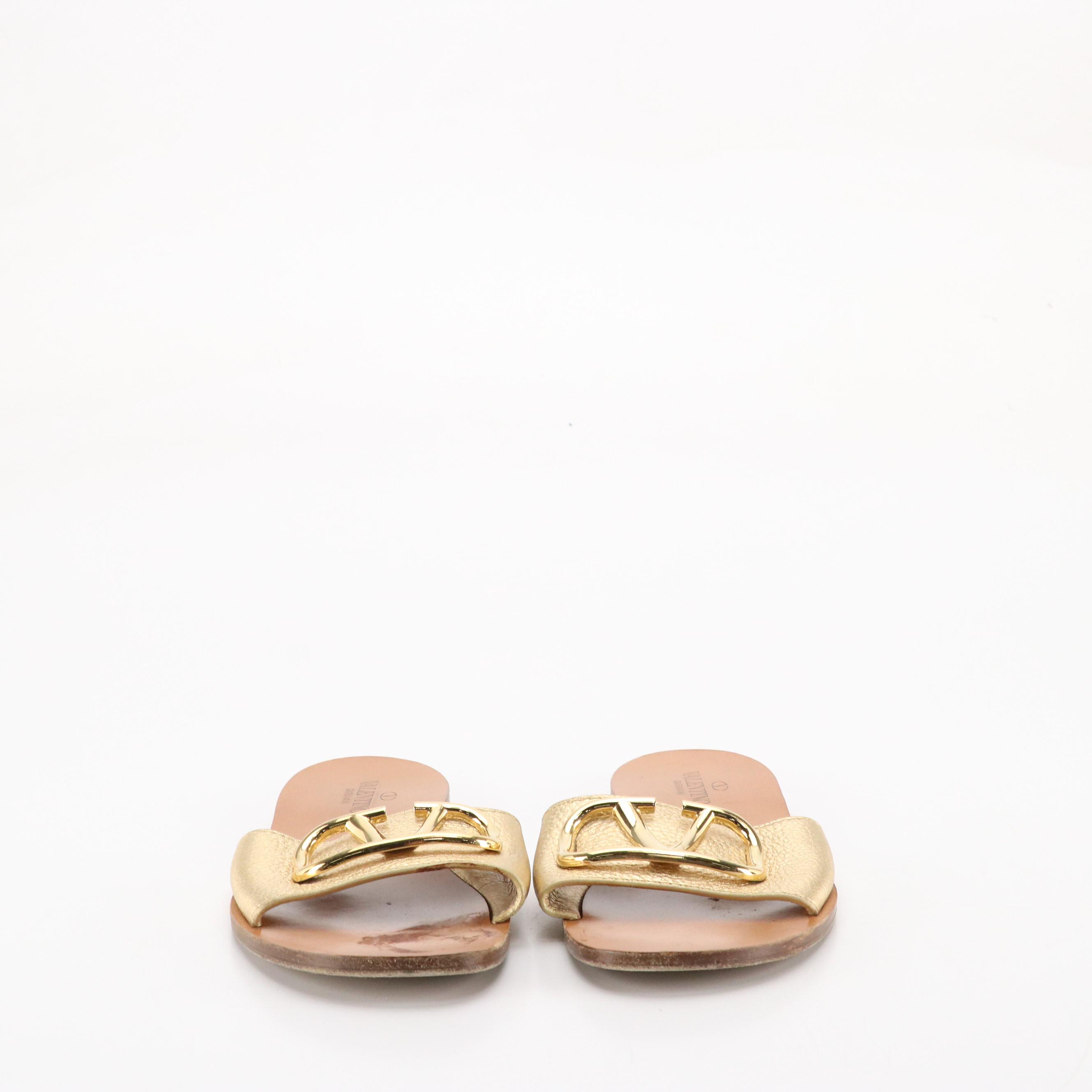 Valentino Garavani V Logo Gold Pebbled Leather Slide Sandals