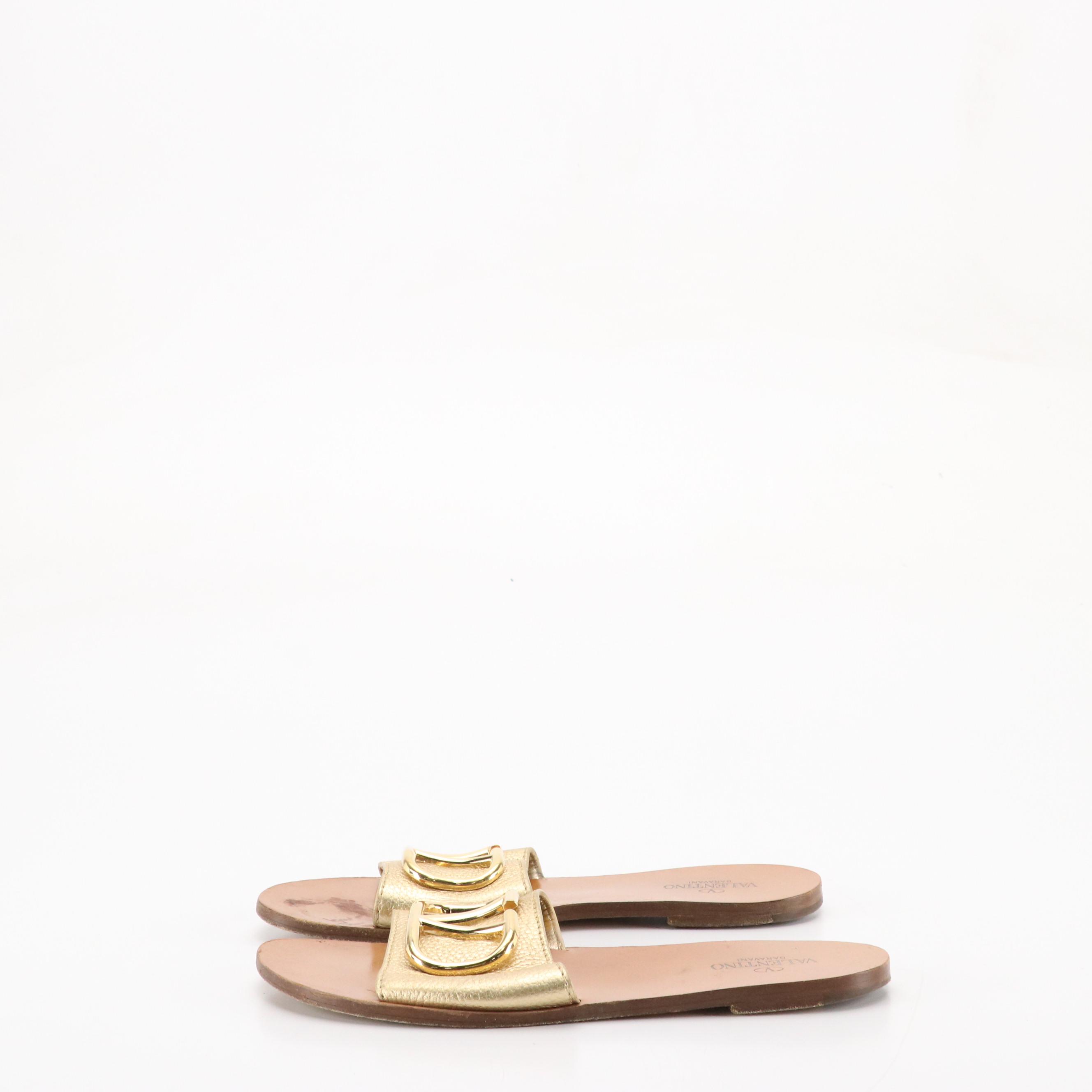 Valentino Garavani V Logo Gold Pebbled Leather Slide Sandals