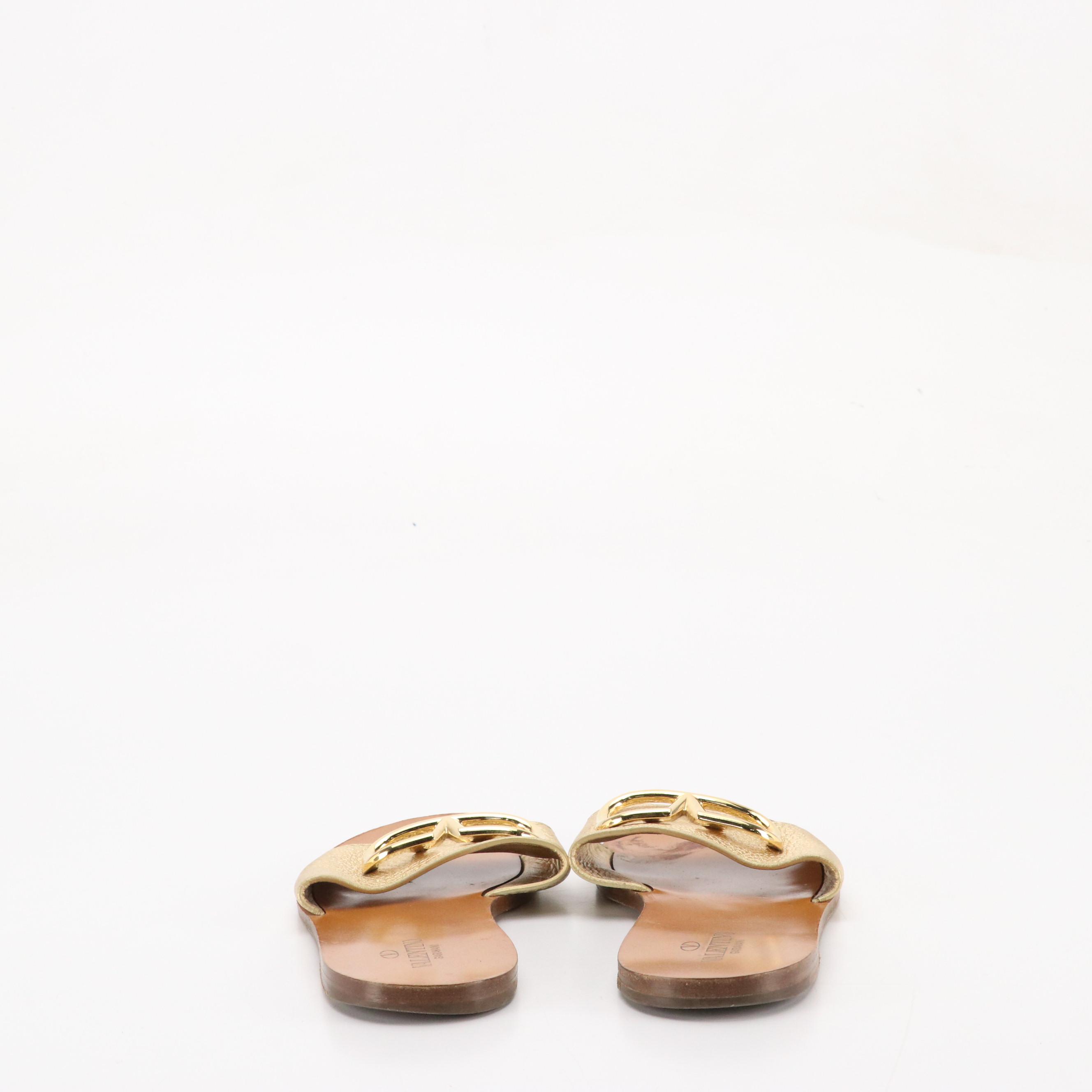 Valentino Garavani V Logo Gold Pebbled Leather Slide Sandals