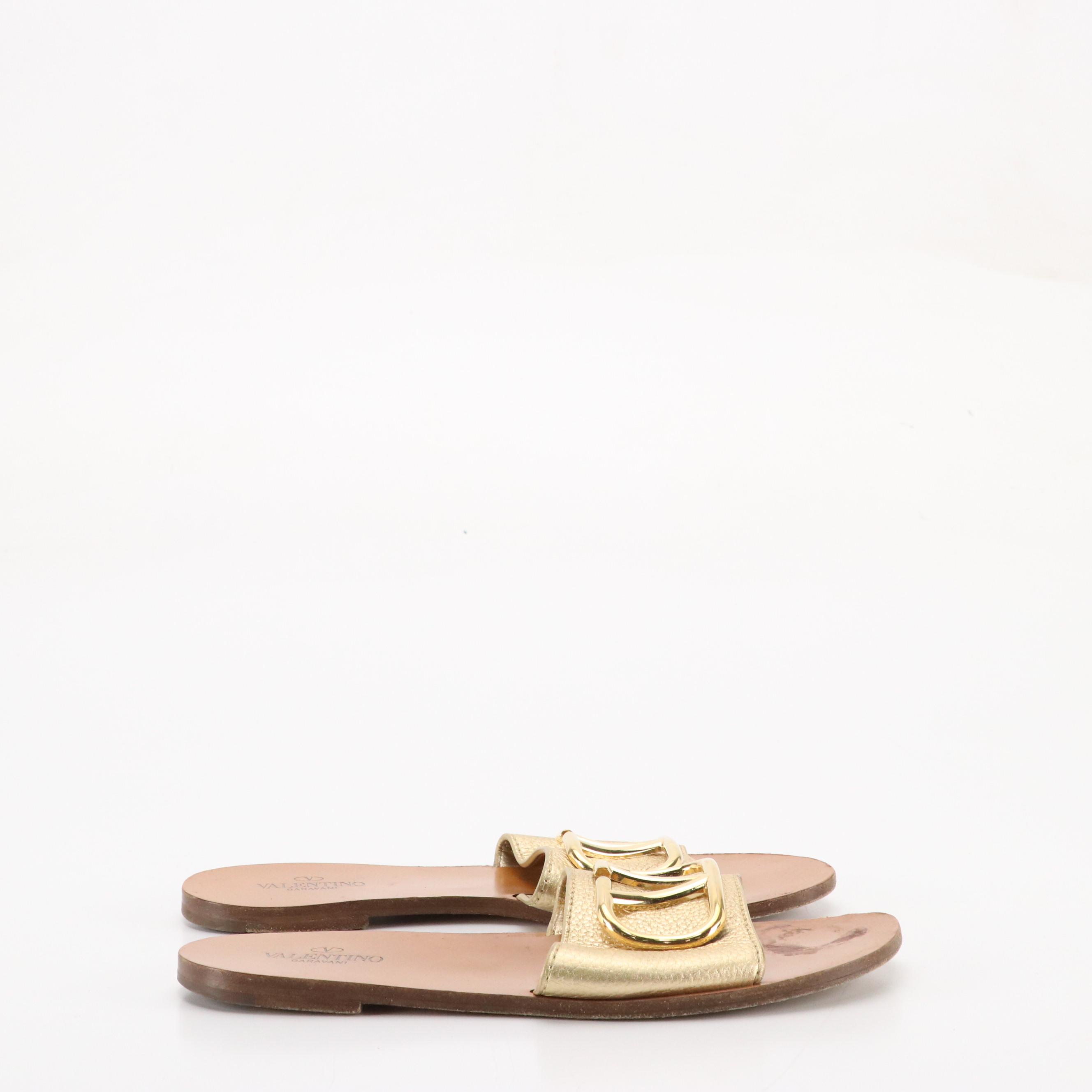Valentino Garavani V Logo Gold Pebbled Leather Slide Sandals