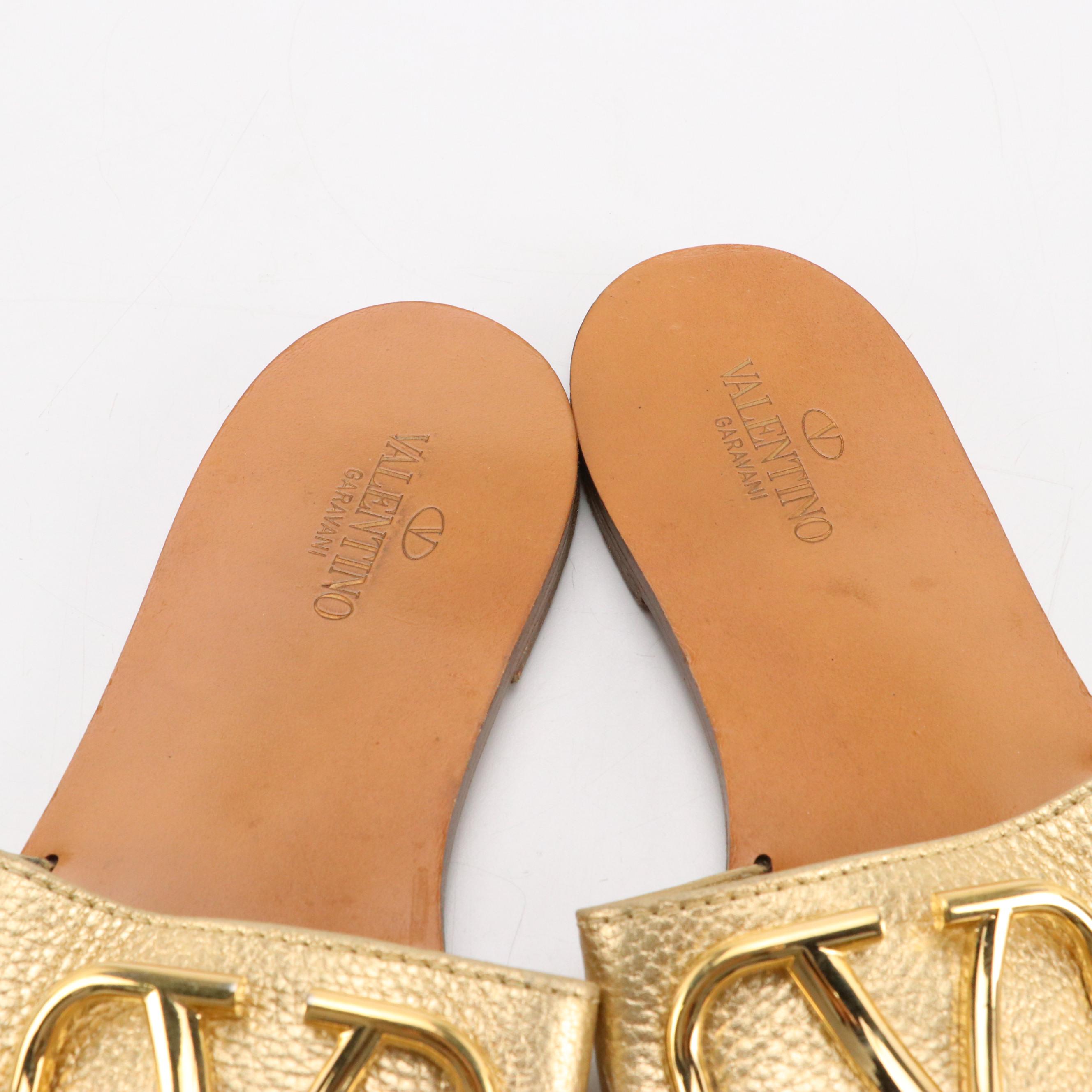 Valentino Garavani V Logo Gold Pebbled Leather Slide Sandals