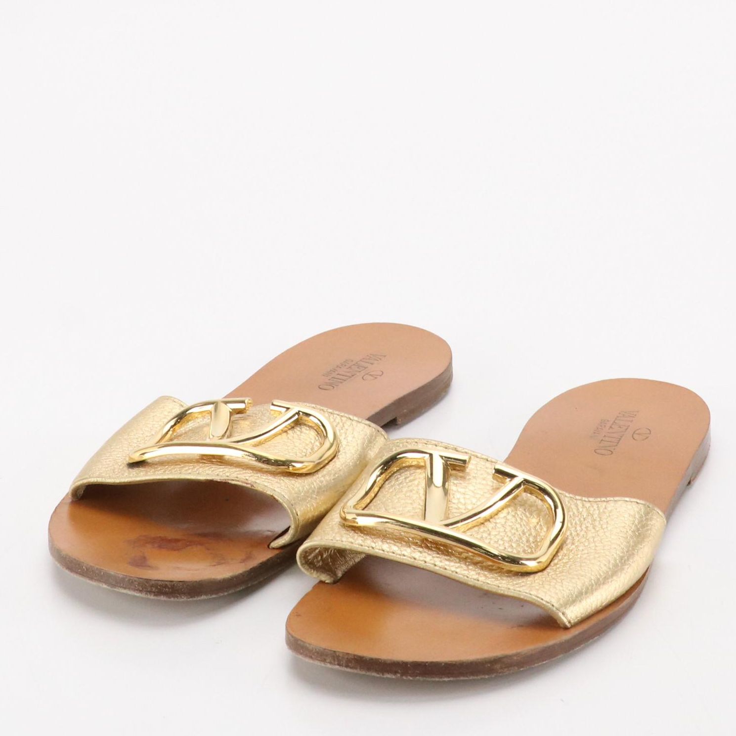 Valentino Garavani V Logo Gold Pebbled Leather Slide Sandals