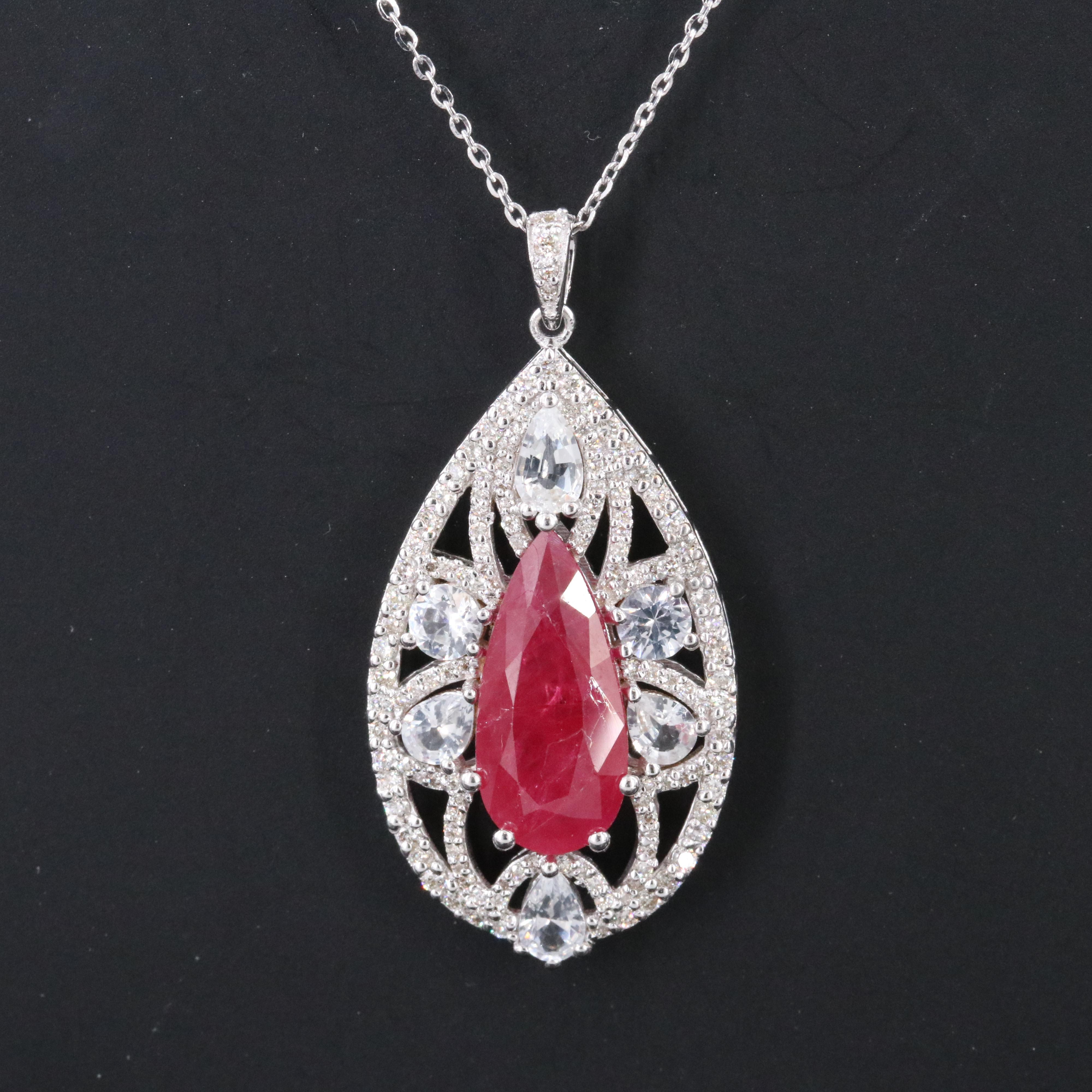 14K Ruby, White Sapphire and Diamond Pendant Necklace with IGI Report