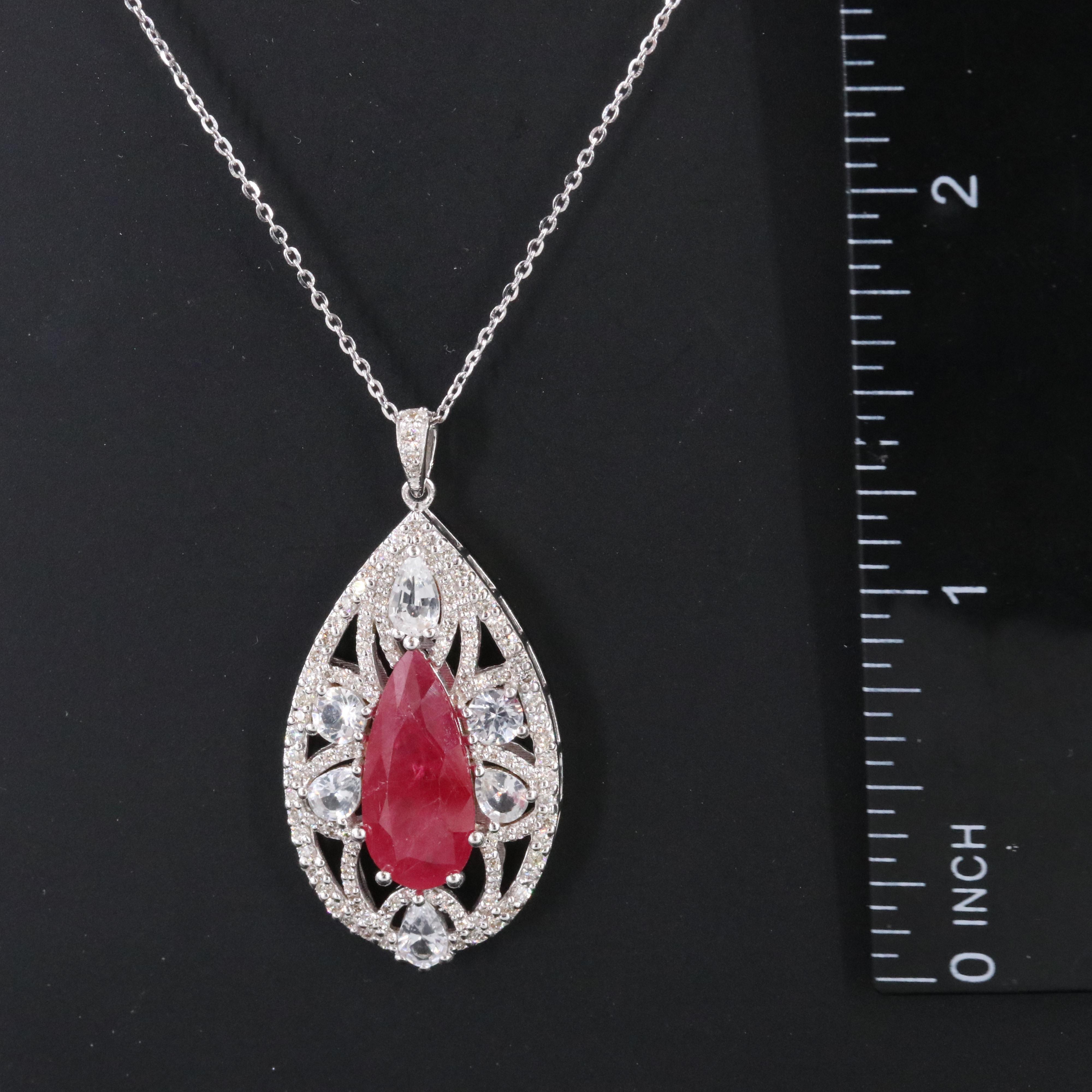 14K Ruby, White Sapphire and Diamond Pendant Necklace with IGI Report