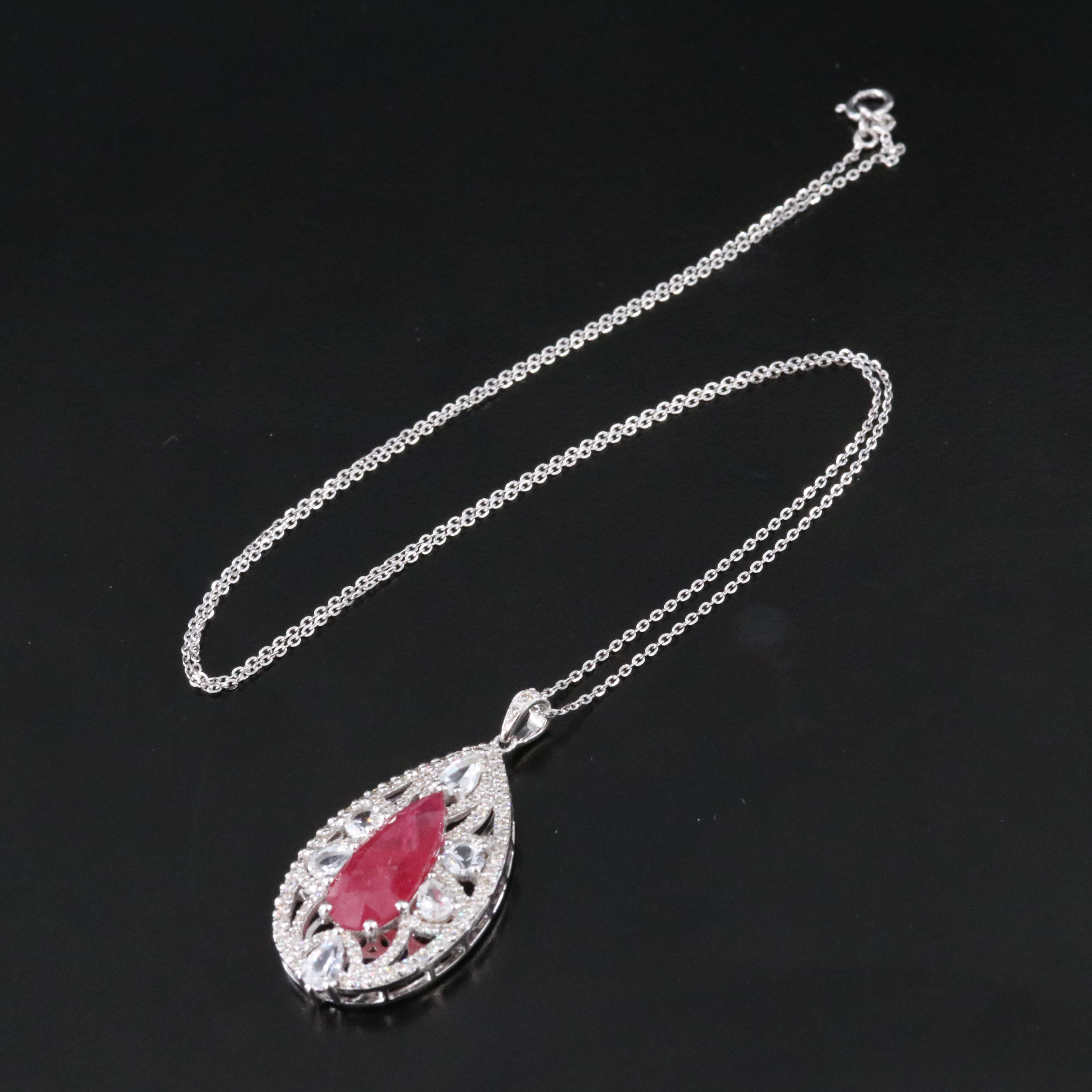 14K Ruby, White Sapphire and Diamond Pendant Necklace with IGI Report