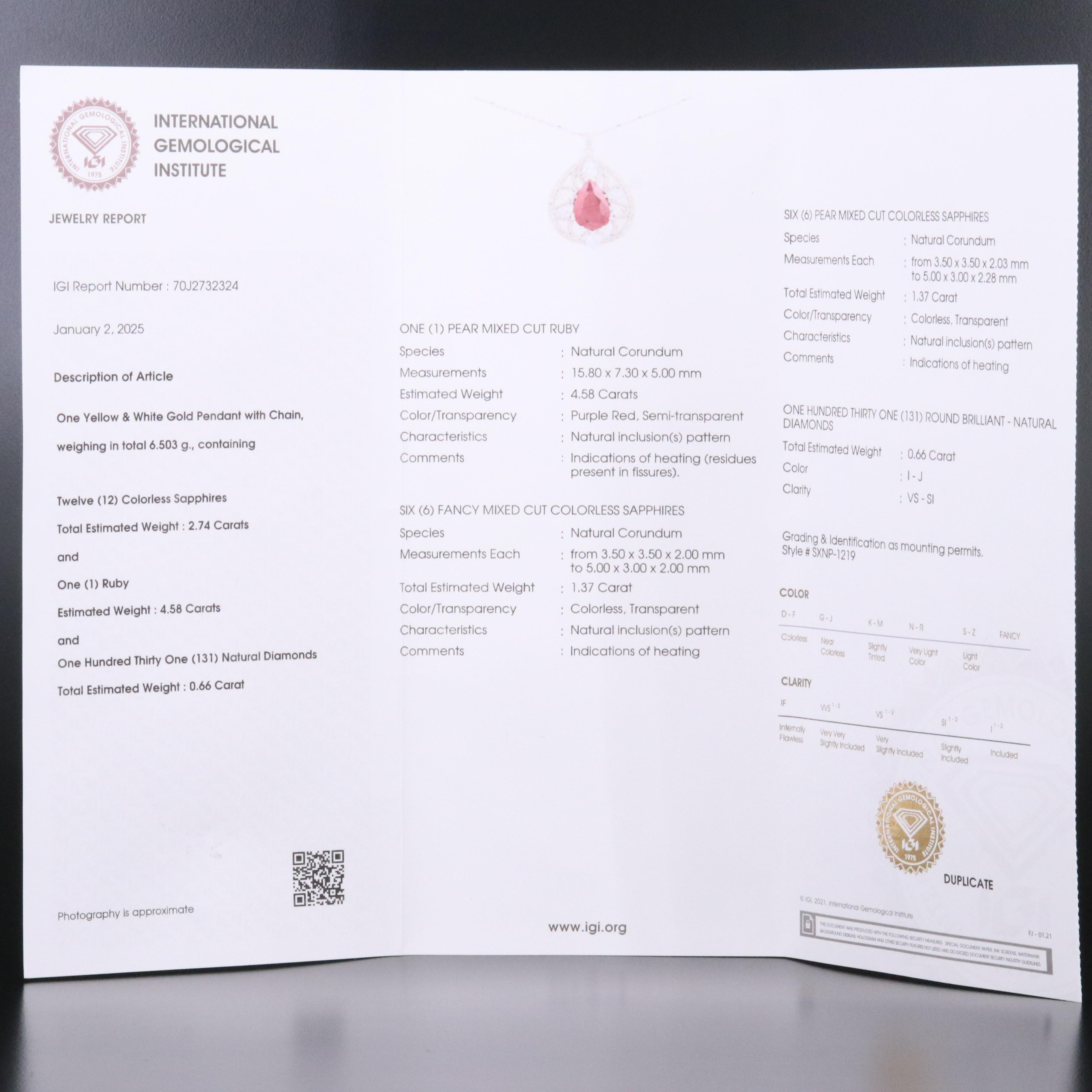 14K Ruby, White Sapphire and Diamond Pendant Necklace with IGI Report