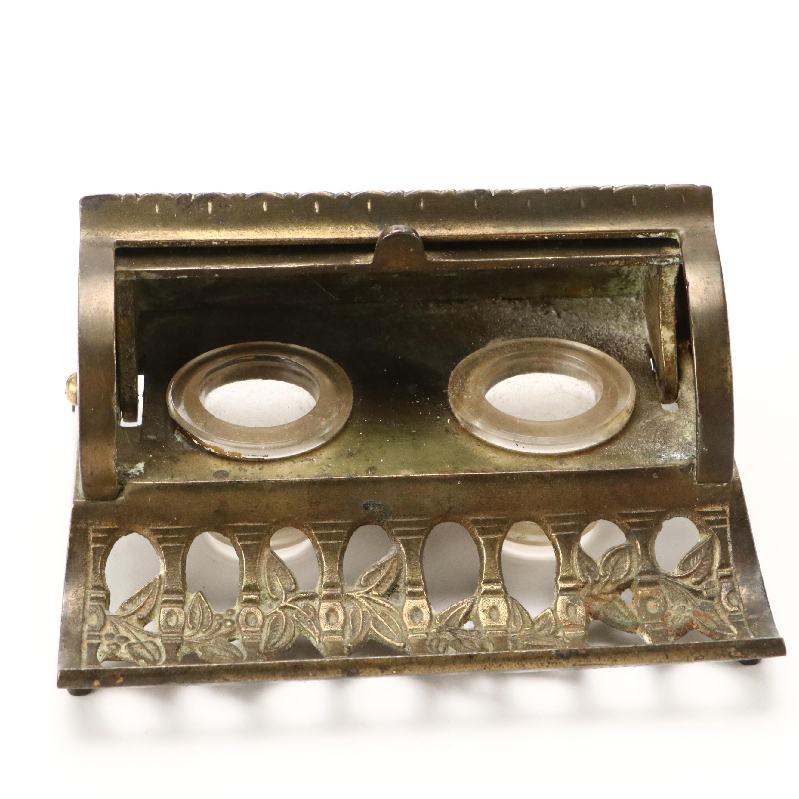 Antique Brass Rolltop Inkwell, Victorian Wooden Candy Mold, and More Décor