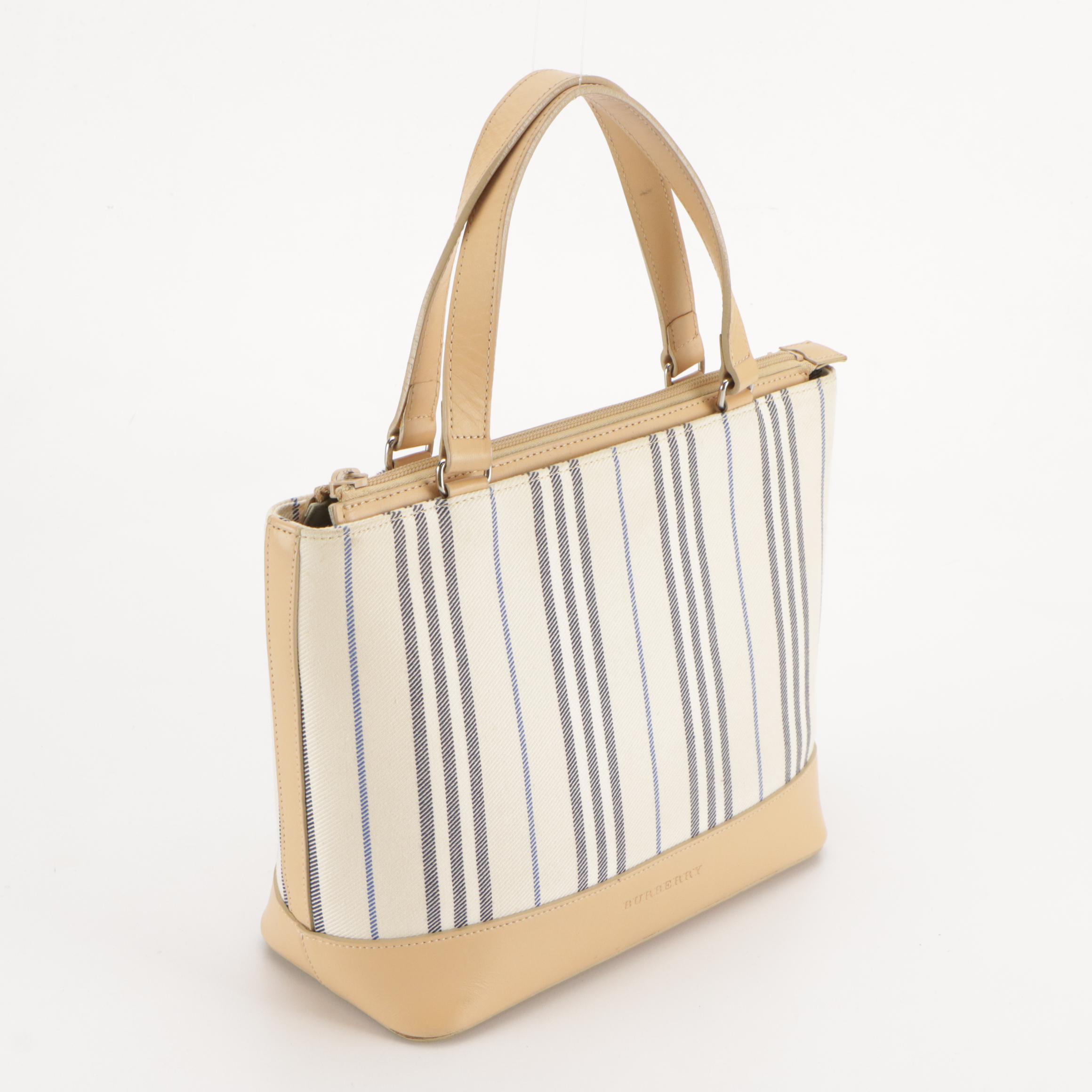 Burberry Handbag in Blue and White Striped Canvas and Beige Leather Trim