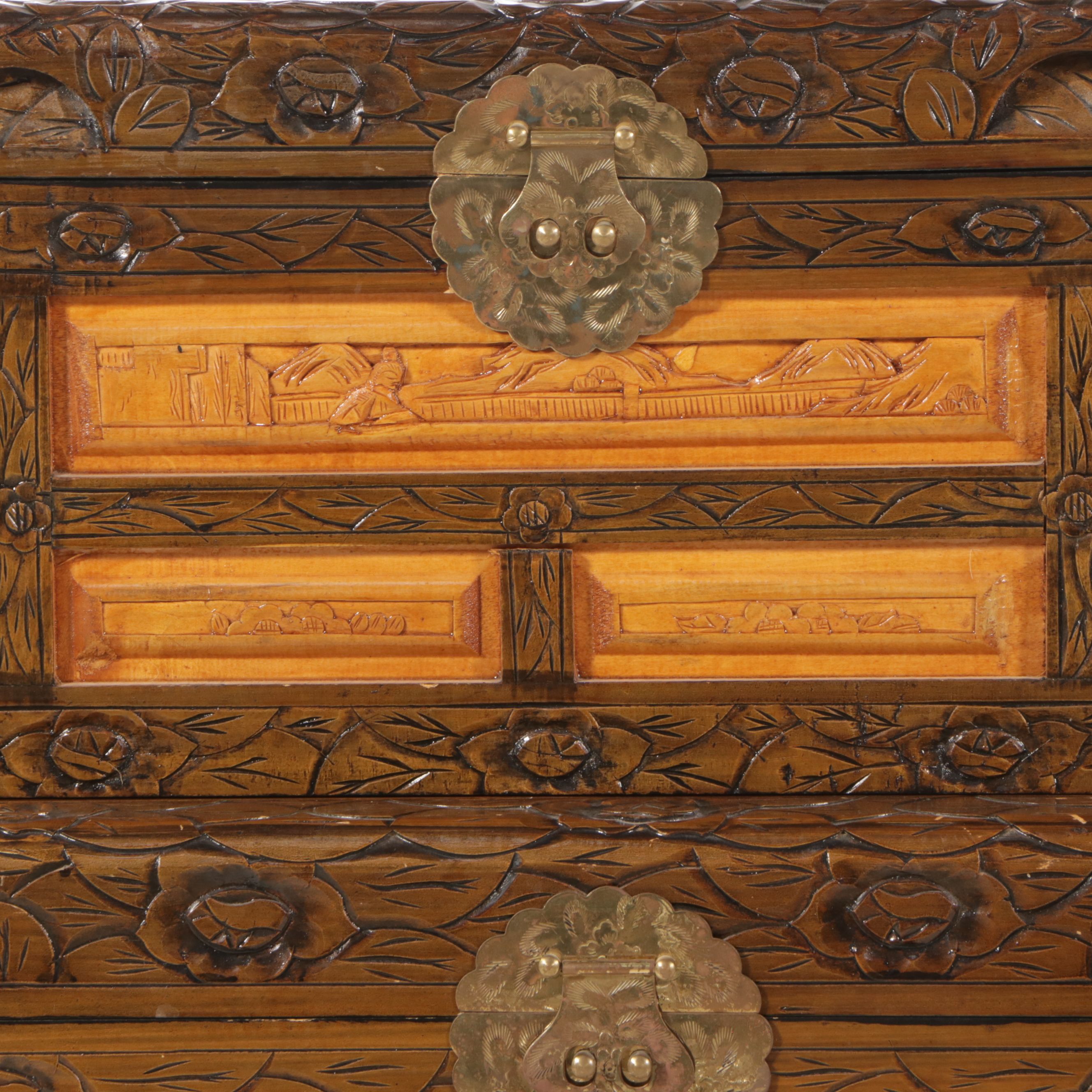Three Graduated Chinese Style Carved Tropical Hardwood Chests