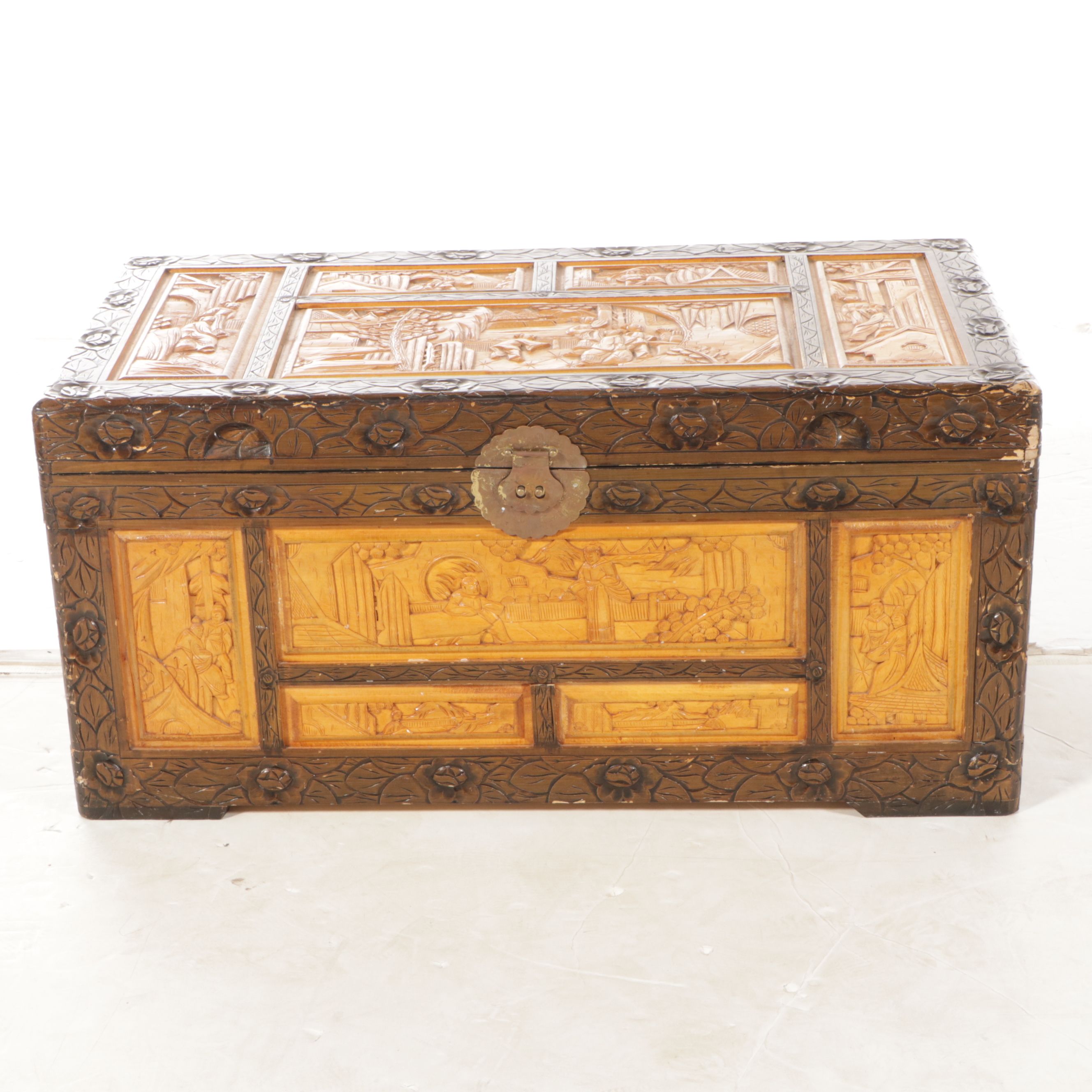 Three Graduated Chinese Style Carved Tropical Hardwood Chests