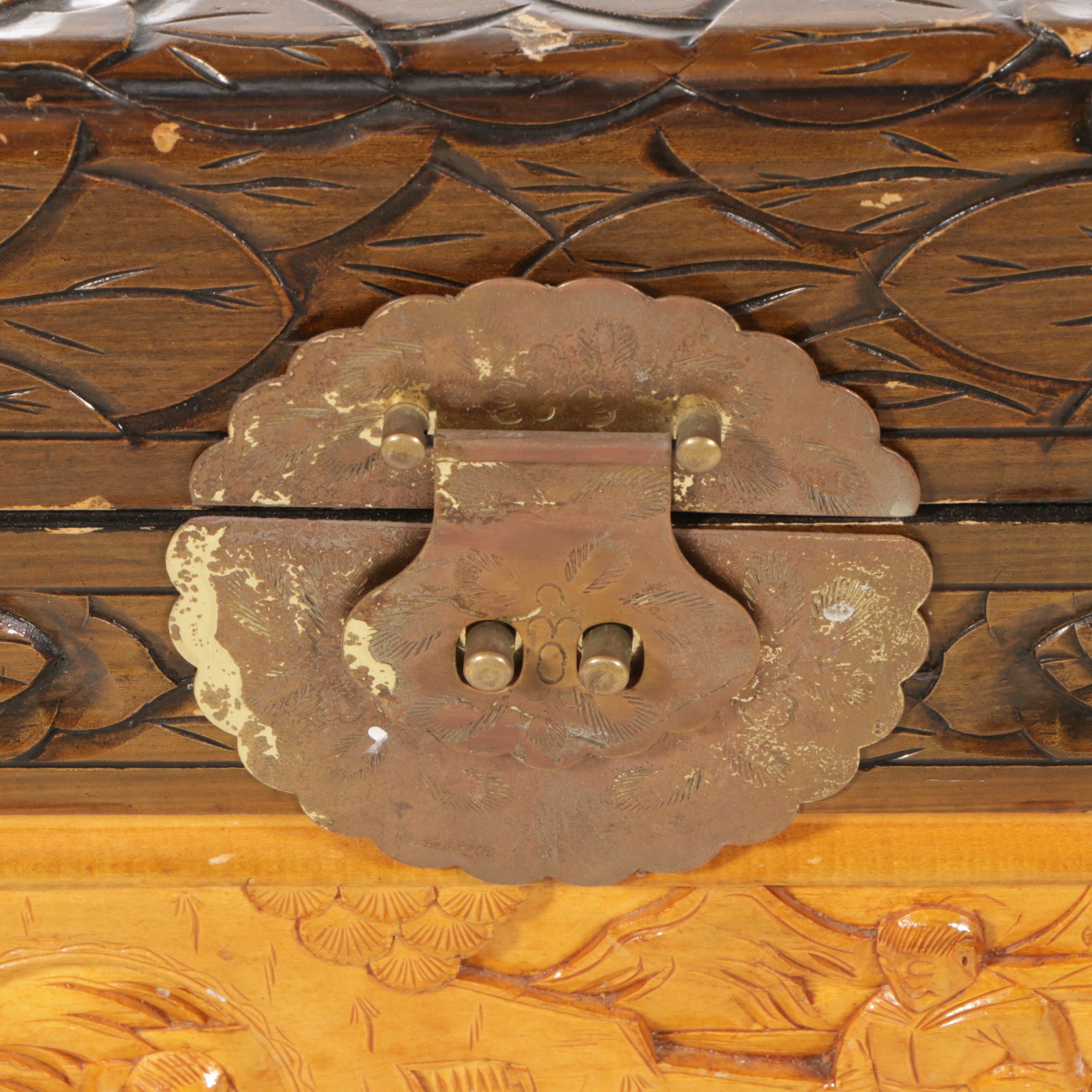 Three Graduated Chinese Style Carved Tropical Hardwood Chests