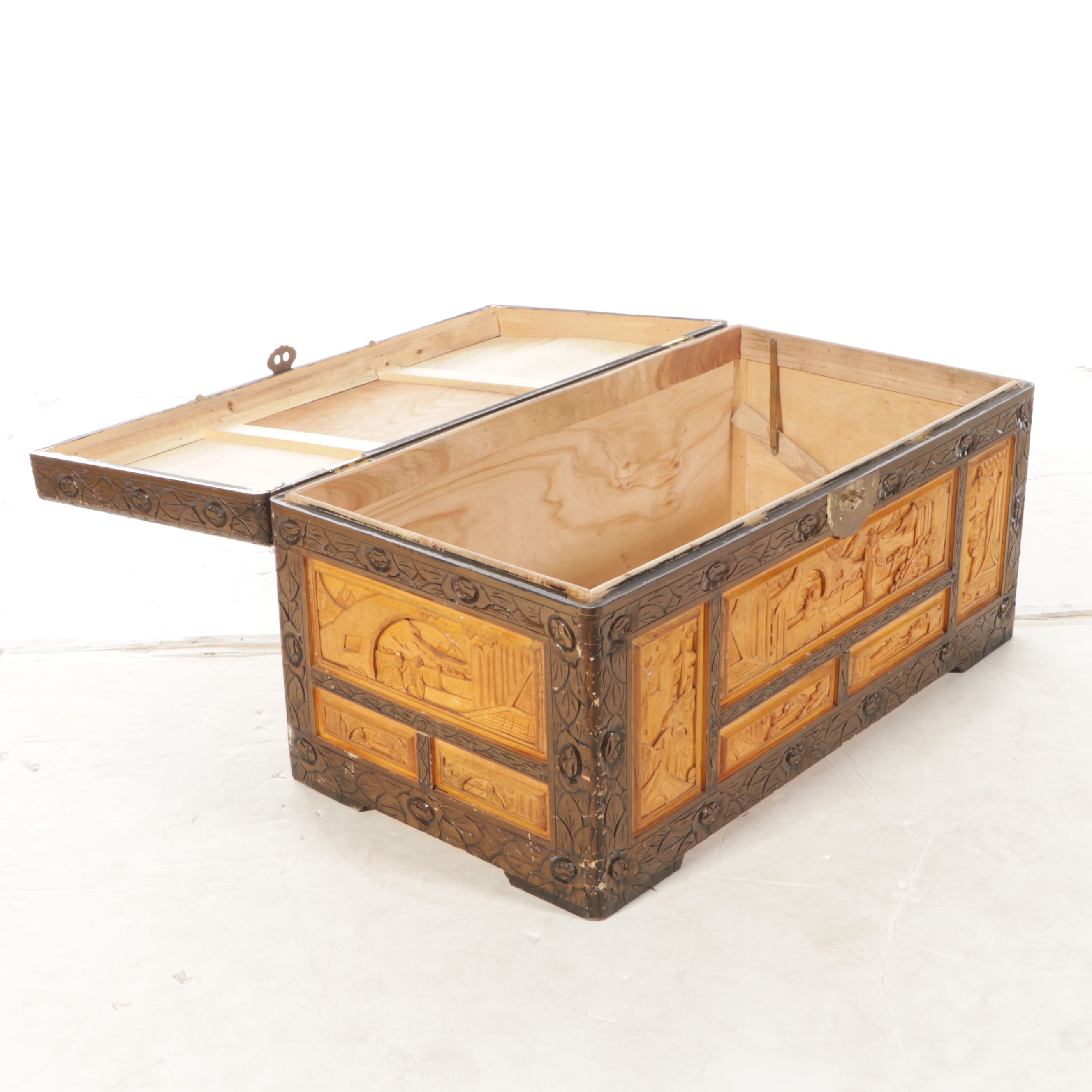 Three Graduated Chinese Style Carved Tropical Hardwood Chests