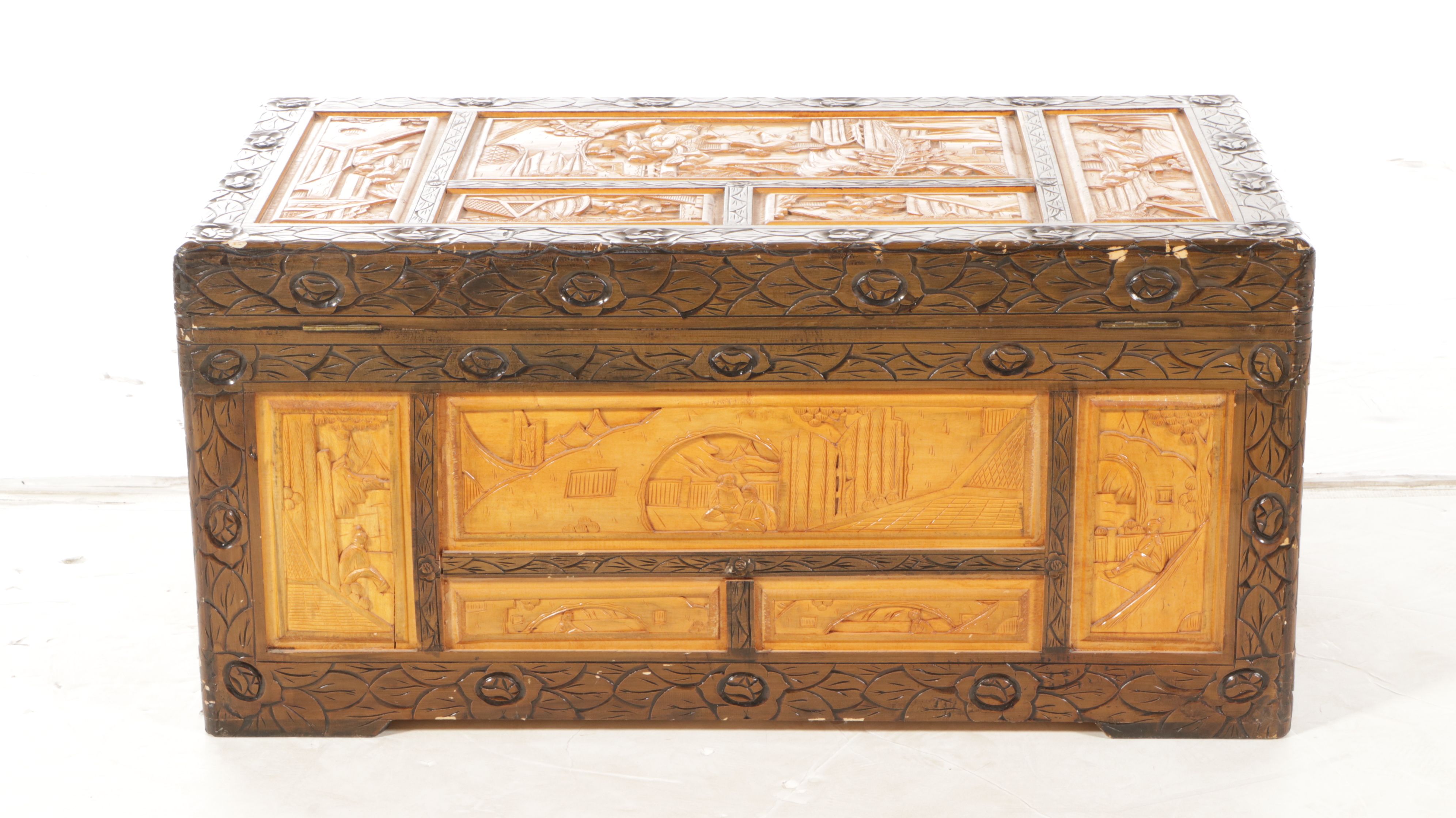 Three Graduated Chinese Style Carved Tropical Hardwood Chests